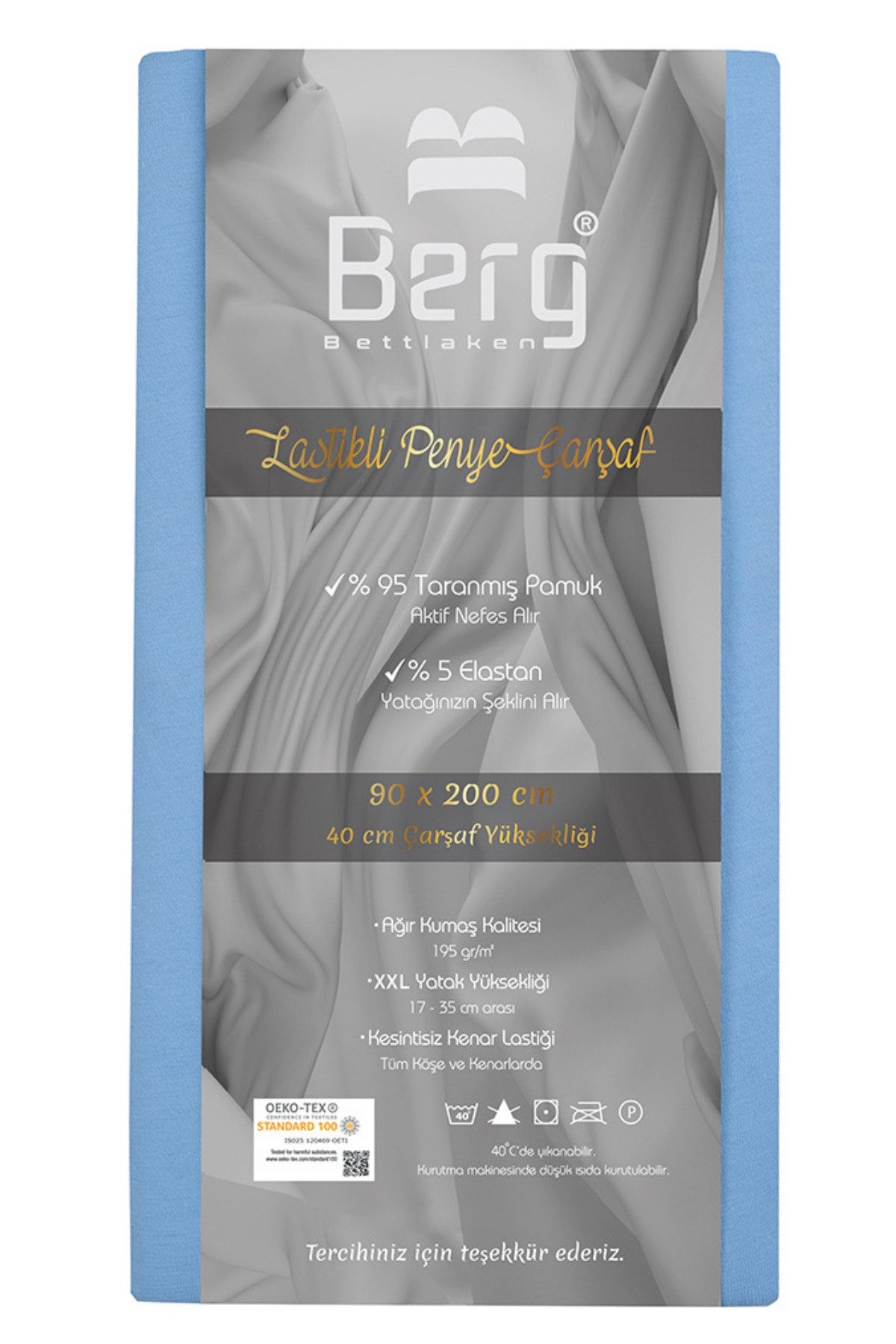 Berg Bettlaken 90x200 35 cm Yükseklik Lastikli Lüks Penye Pamuklu Çarşaf Mavi  Luxury Fitted Sheet Cotton
