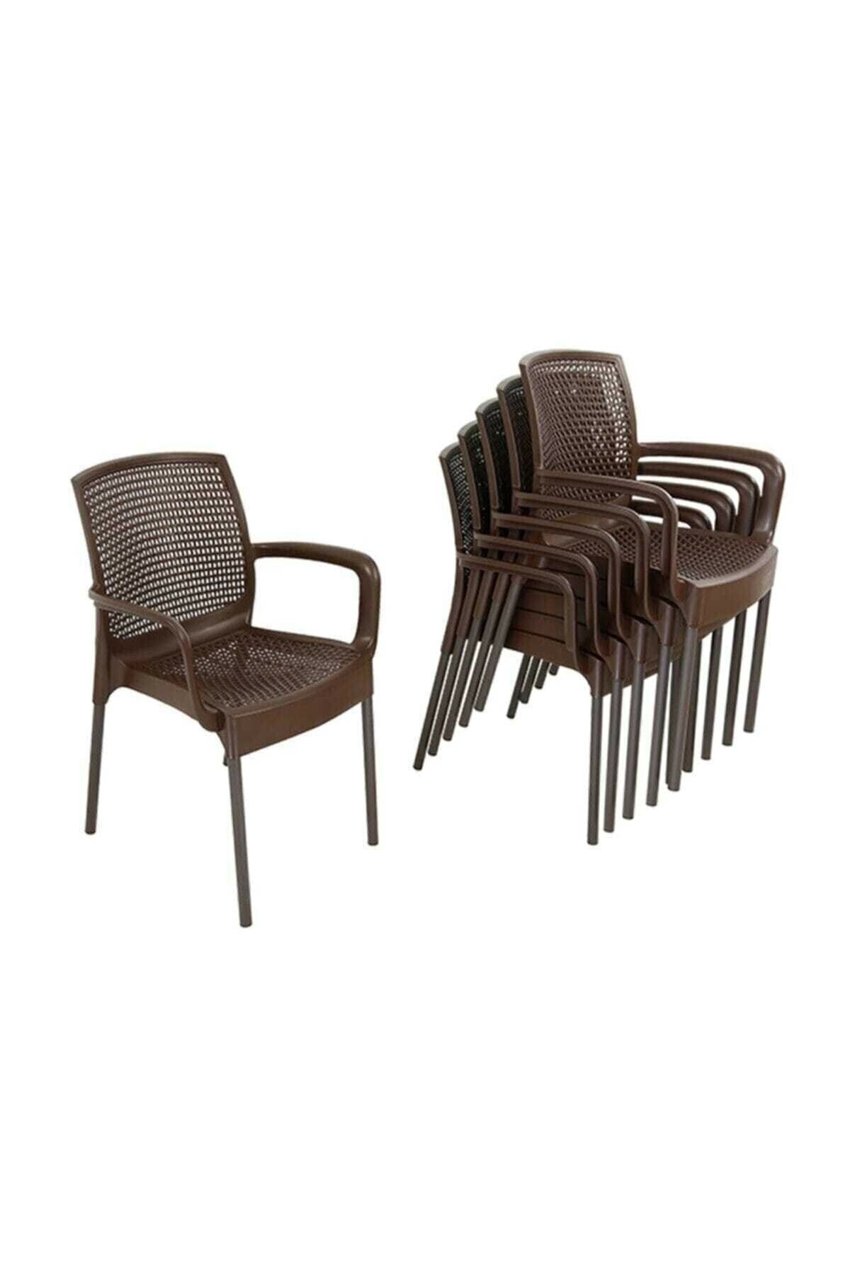 Uygun plastik Defne Kahverengi Rattan Kollu Bahçe Sandalye 6 Adet