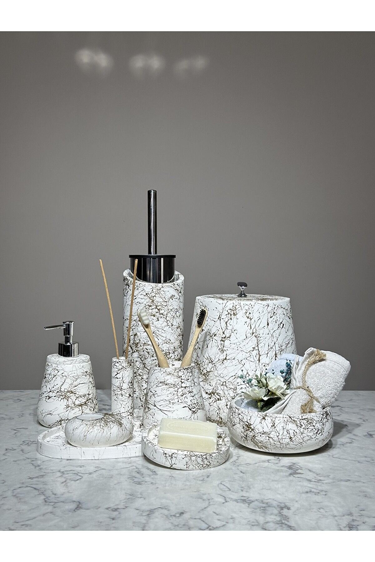 Betonmall 11 Parça Mermer Desenli Beton Banyo Seti - Premium Kalite