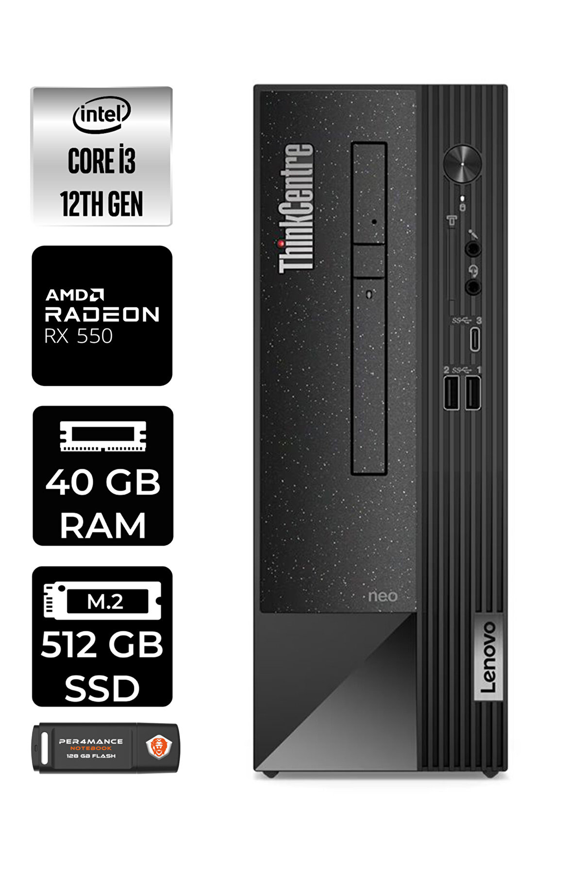 Neo 50S 11SX002VTXE237 i3 12100 40GB RAM 512GB SSD RX550 W11H MASAÜSTÜ BİLGİSAYAR