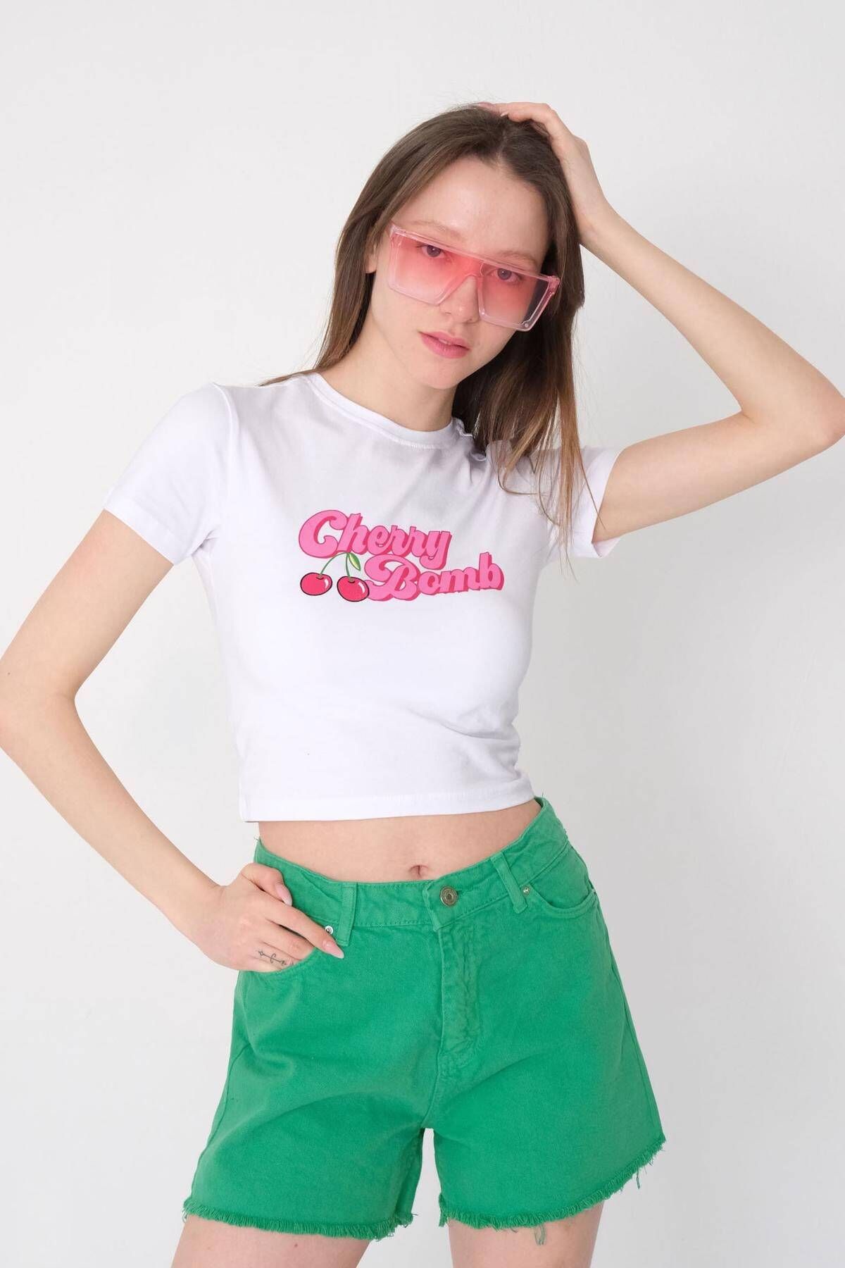 Addax Kiraz Baskılı Crop T-shirt P2236-i13