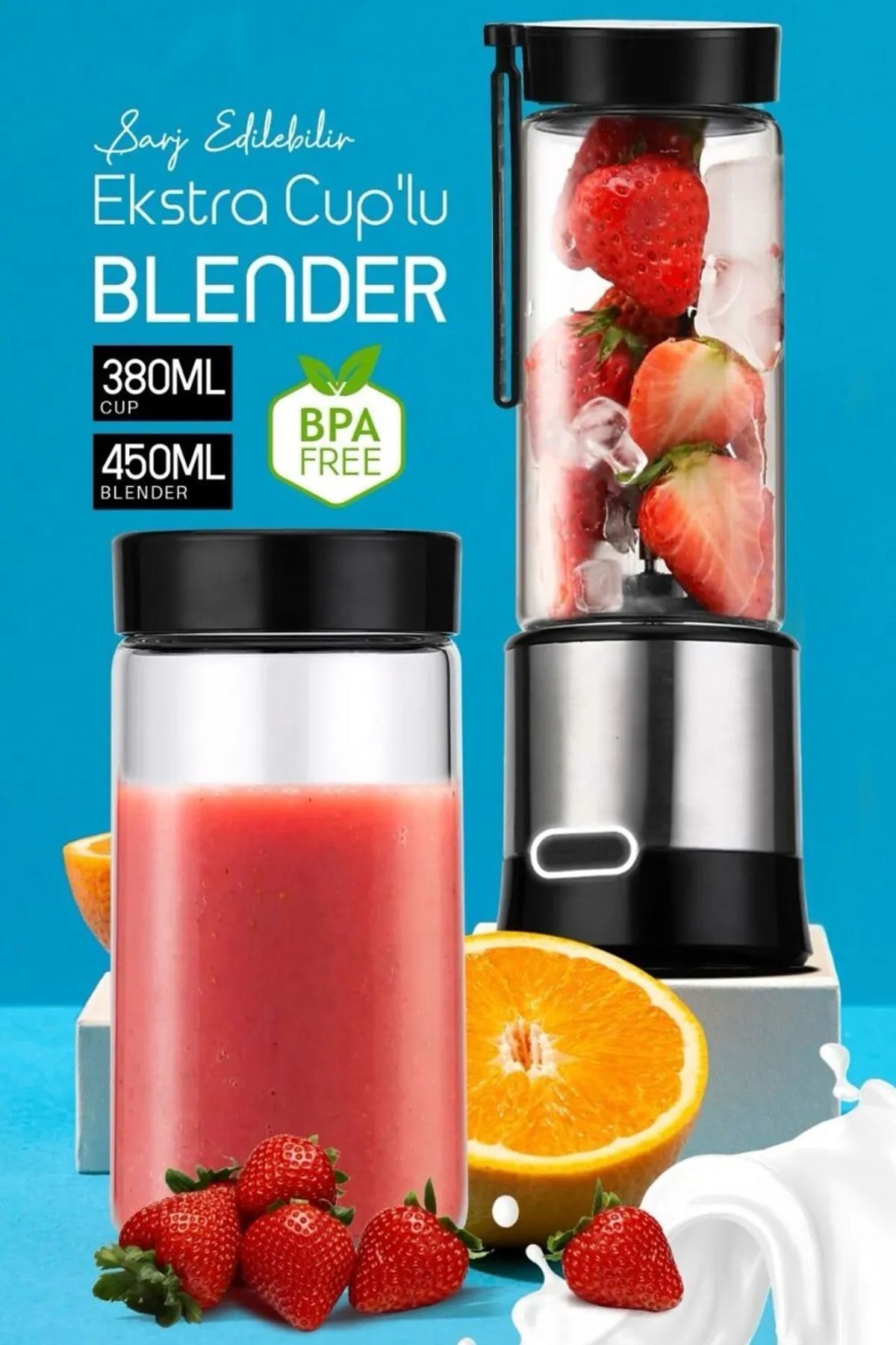 TECHNOMEN Taşınabilir Şarjlı Metal Kişişel Blender 450Ml + 380Ml