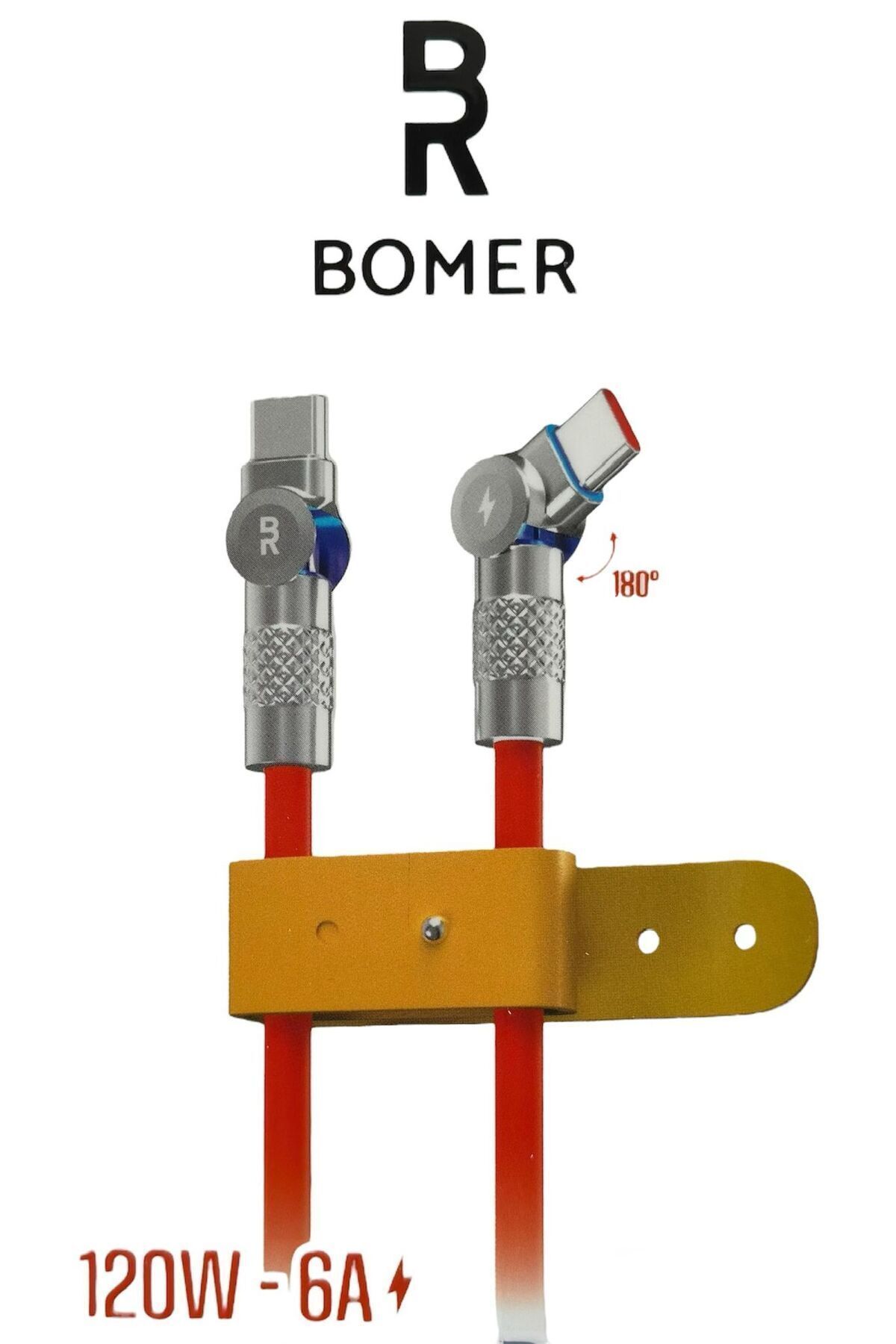 BOMER 3826 120W 6A TURUNCU RENK TYPE C to TYPE C 180 DERECE DÖNER BAŞLI IŞIKLI ŞARJ VE DATA KABLOSU