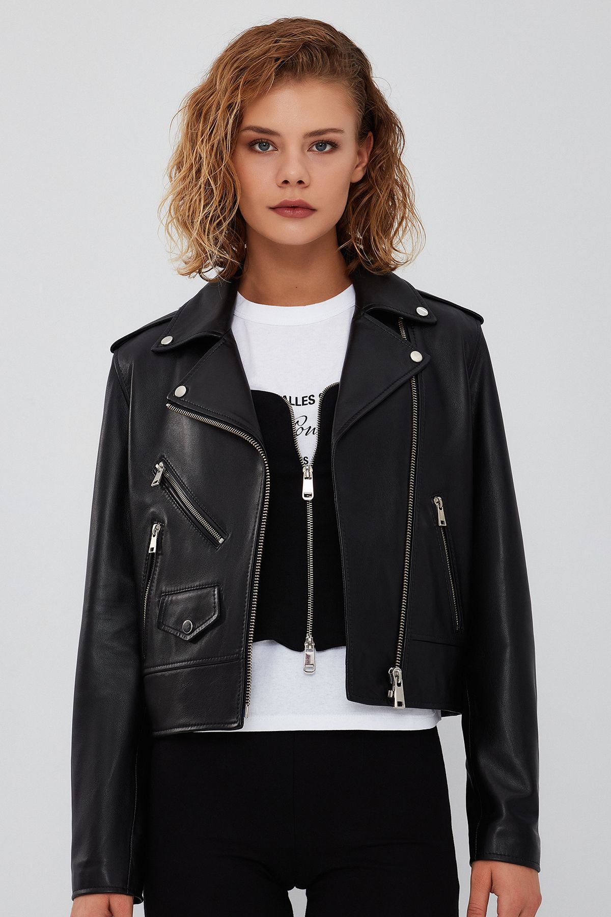 Derimod New Look Kadın Siyah Biker Deri Ceket 23wgd5086u5