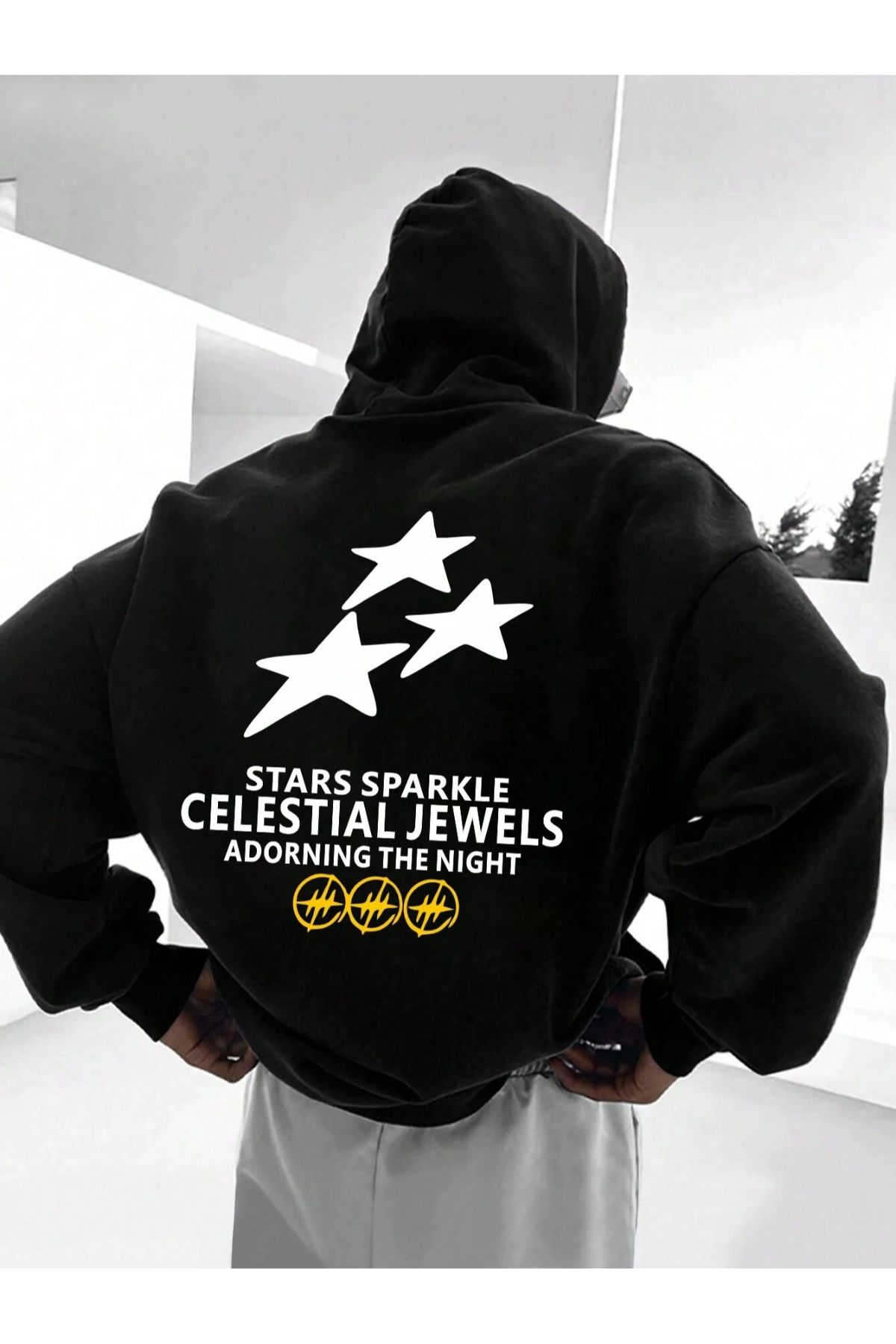 Black Sokak Starss Parkle Baskılı Oversize Kapüşonlu Siyah Erkek Sweatshirt
