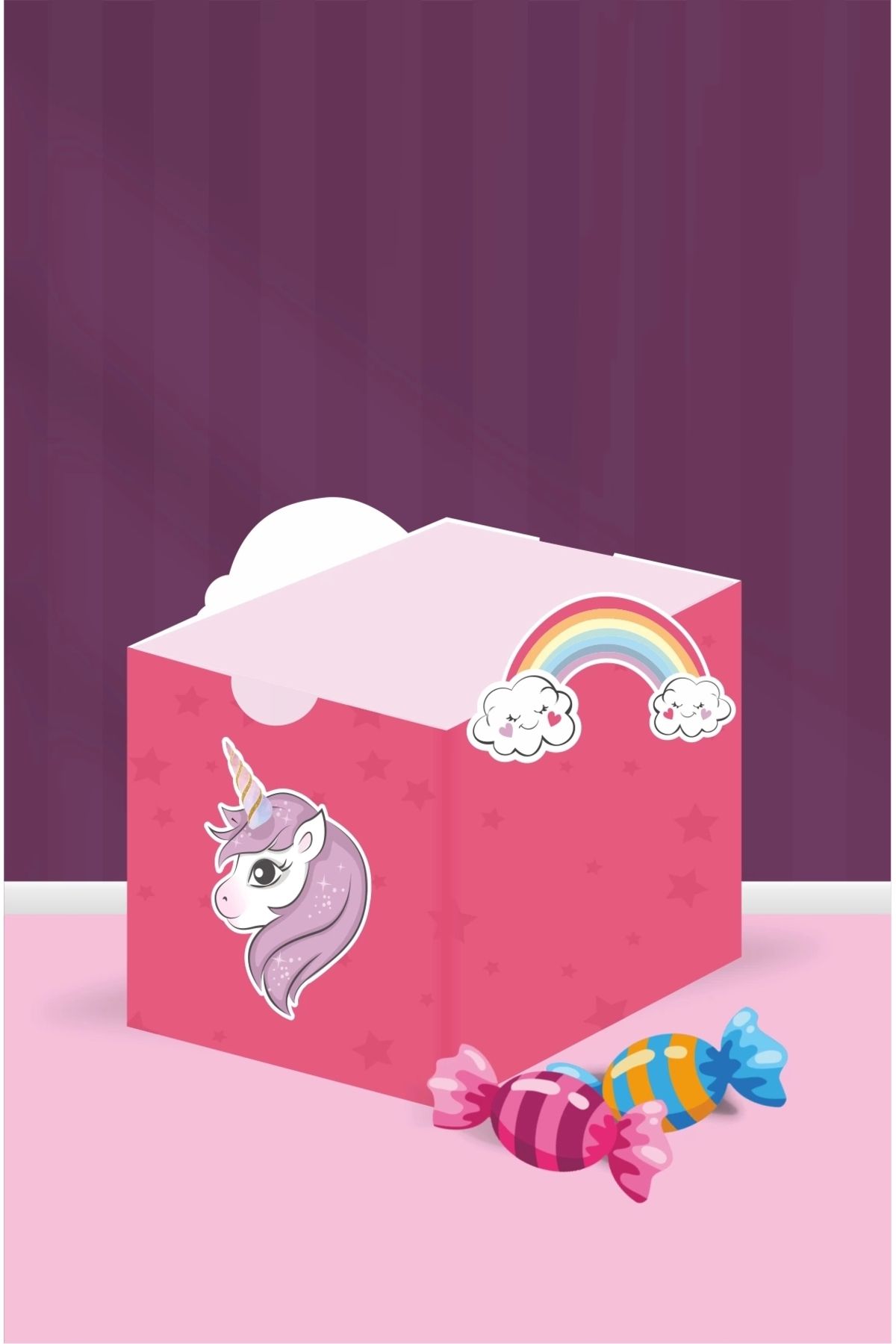 neşeli günlerim Unicorn Teması Kutu - Mini Hediyelik ( Şeker, Sakız, Draje, Mini Oyuncak ) 5x5x5 cm *8'li Paket