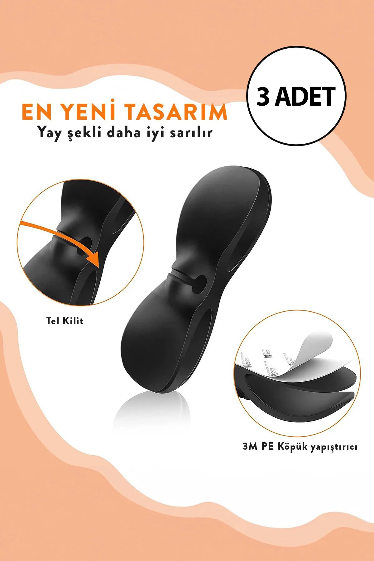 Genel Markalar 3 Adet Siyah Yapışkanlı Kablo Sabitleyici Düzenleyici Çok Amaçlı Kablo Tutucu Kablo Toparlayıcı