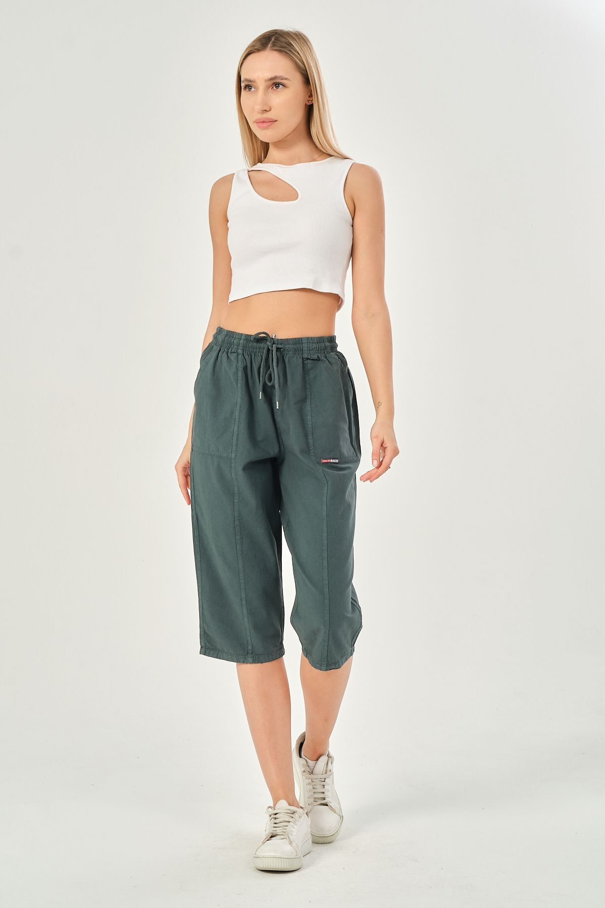 myfirstsea Bağcıklı Oversize Uzun Unisex Bermuda Şort Ham Bez Pamuklu Keten Kapri Şort