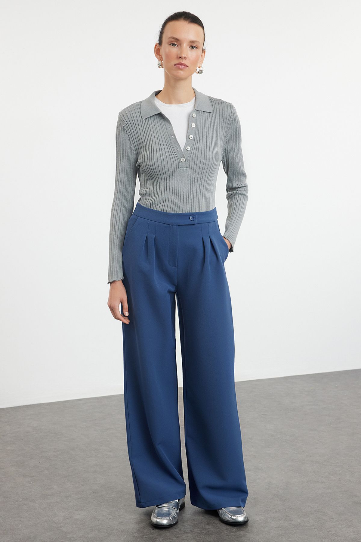 TRENDYOLMİLLA Petrol Wide Leg/Geniş Paça Yüksek Bel Dokuma Kumaş Pantolon TWOAW22PL0066