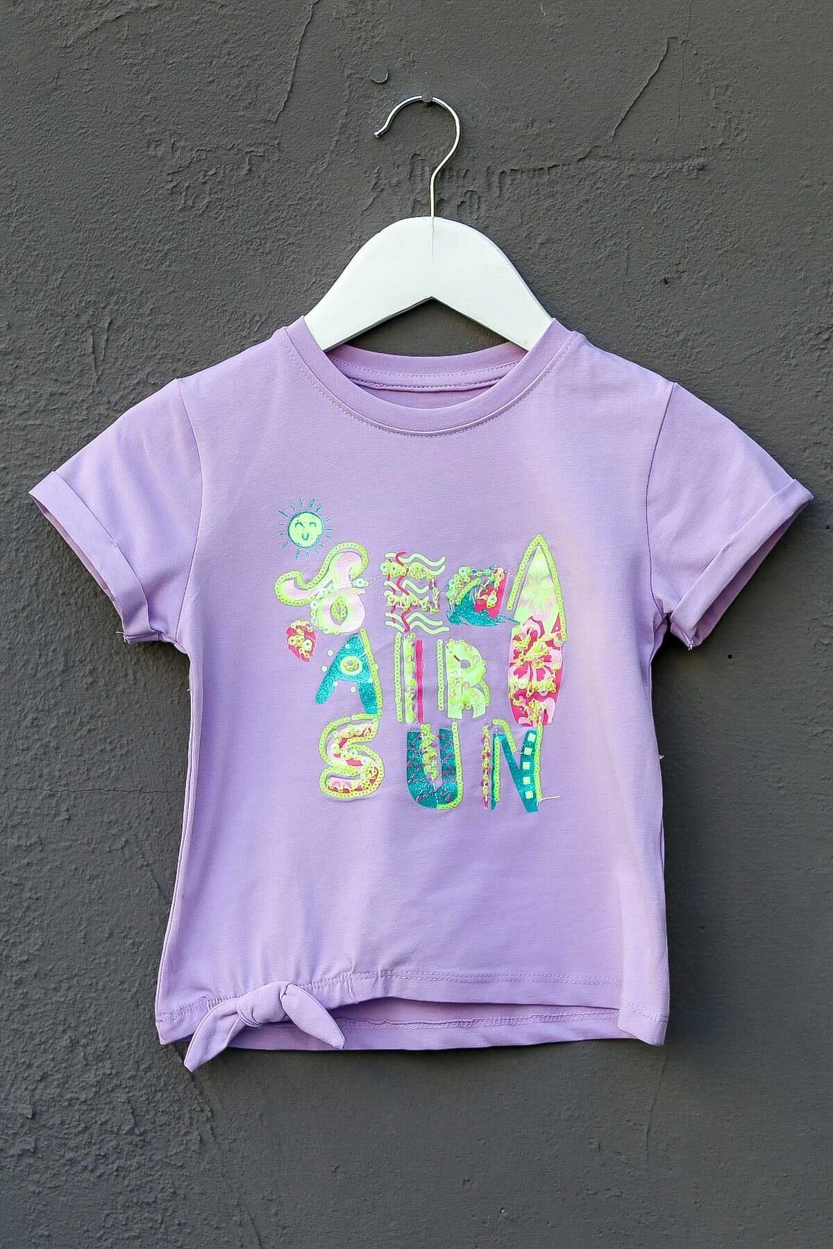indokids Kız Çocuk Lila Sıfır Yaka Baskılı Nakışlı Beli Bağlama Detaylı Tshirt IND999844