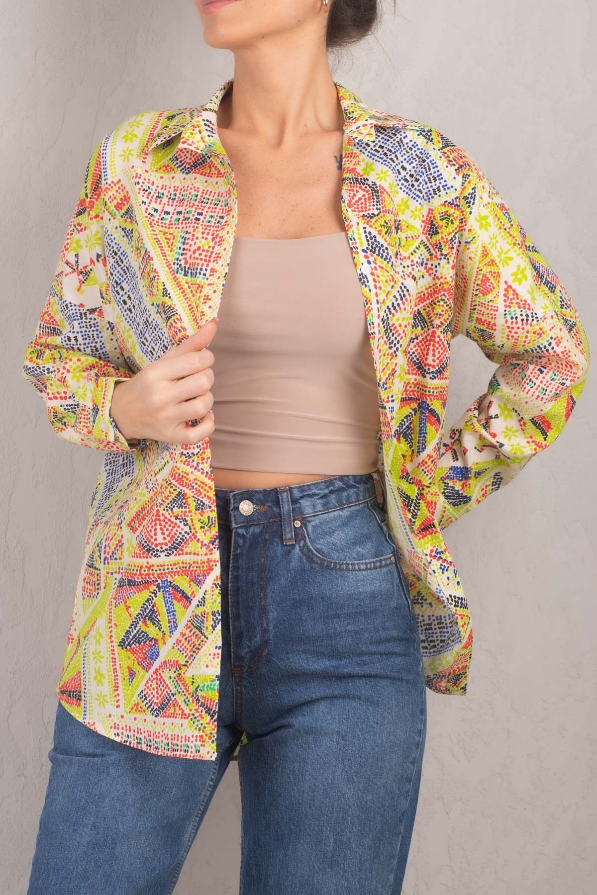armonika Kadın Fıstık Yeşili Desenli Oversize Uzun Basic Gömlek ARM-22Y001148