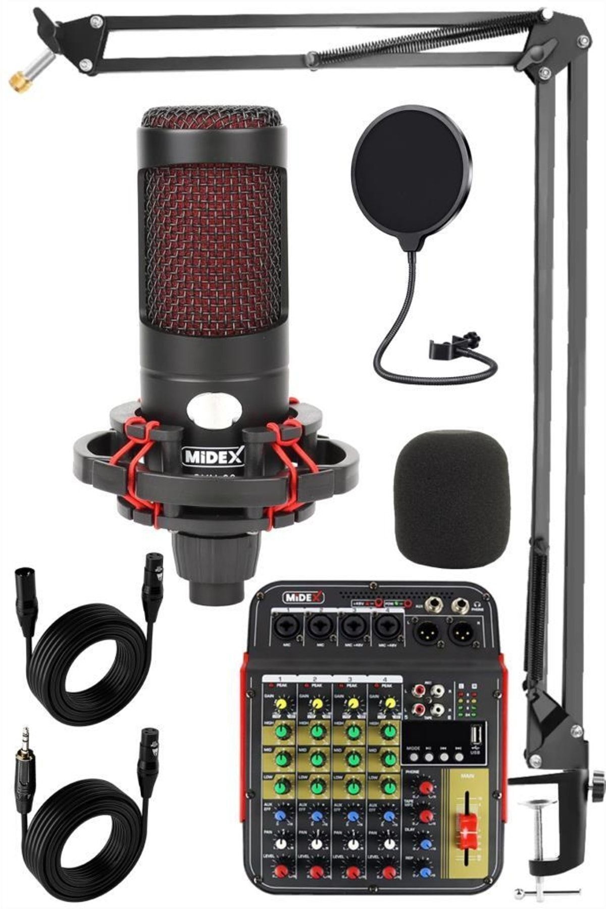 Midex Cxn-30 Paket-5 5 kanal Stüdyo Kayıt Mikserli Condenser Mikrofon Stand Seti