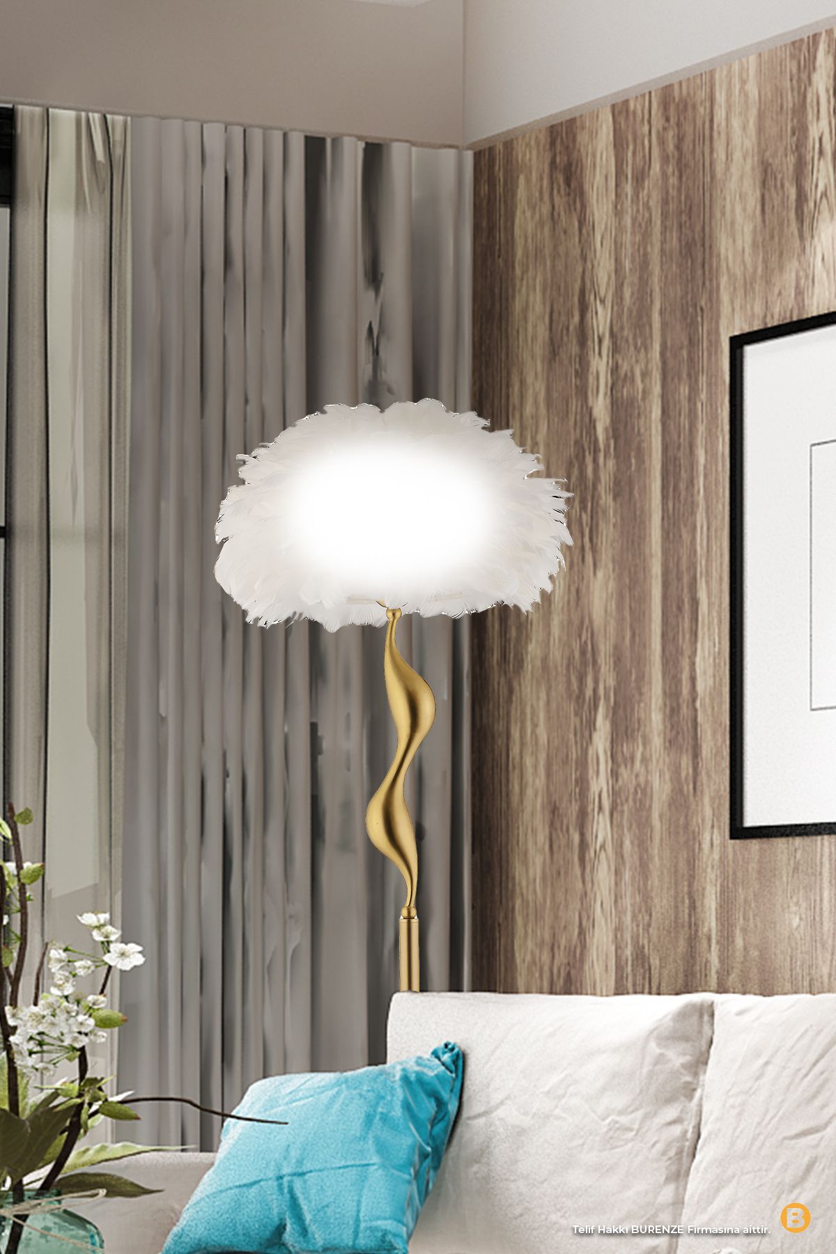 Buiva Lüks Modern Lambader Eskitme Gold Deve Tüy Detaylı Ayaklı Lambader E-27 Duy