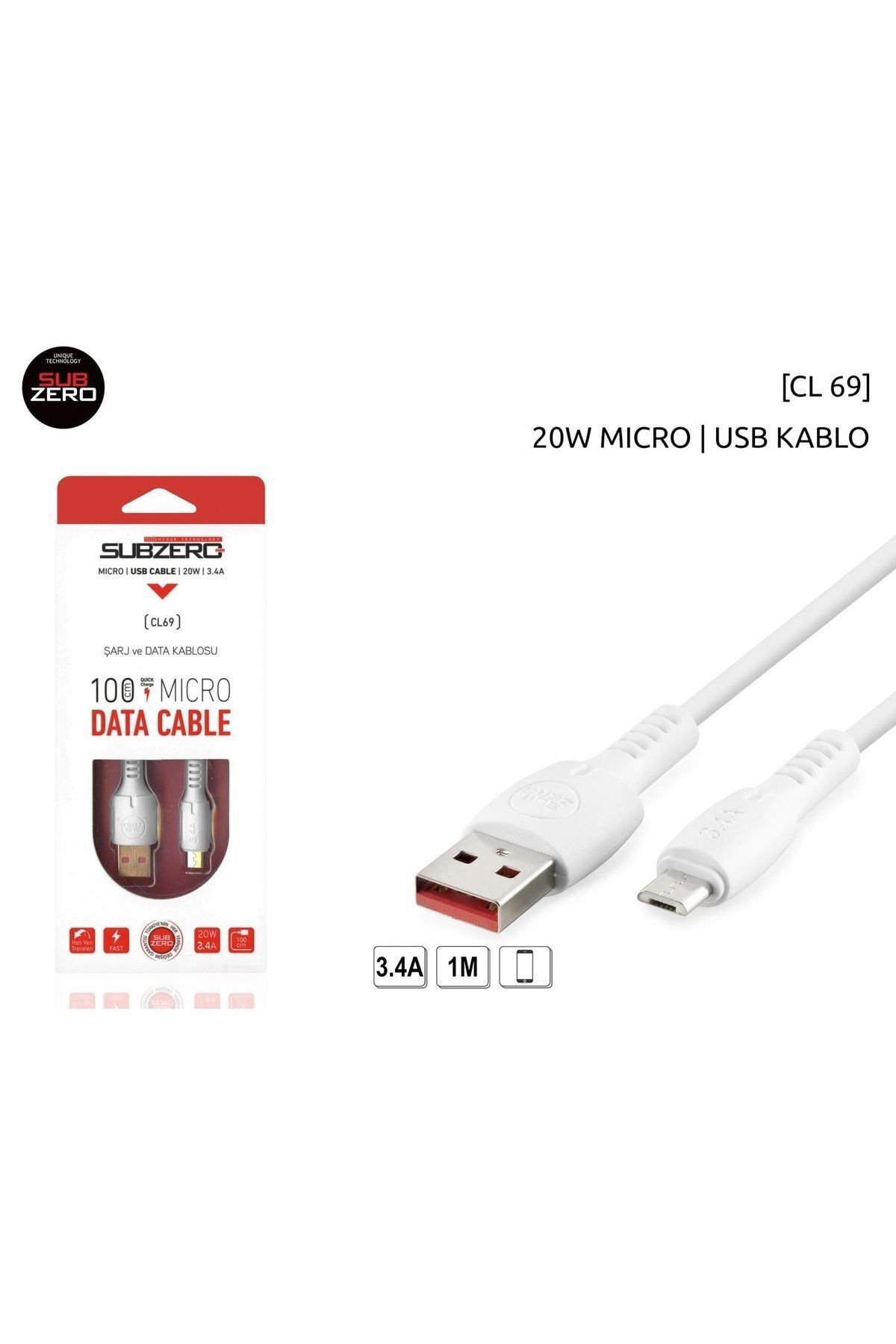 Subzero CL69 3.4A MİKRO TURBO HIZLI DATA VE ŞARJ KABLOSU