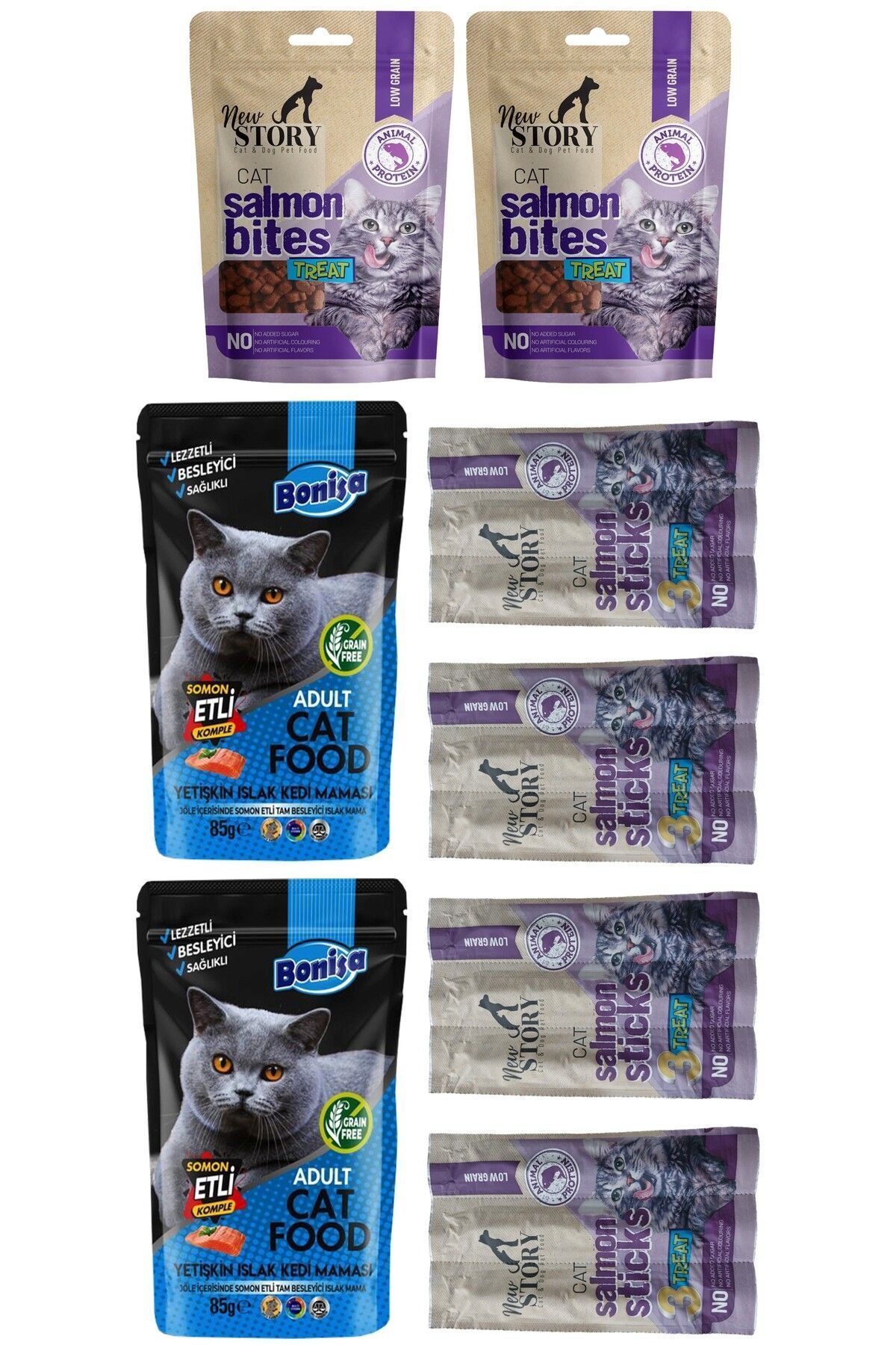 bonisa Somonlu Kedi Ödül Çubukları 4-Cat-Sticks, 2-Bites Taneli Mama, Bonisa 2-Punch