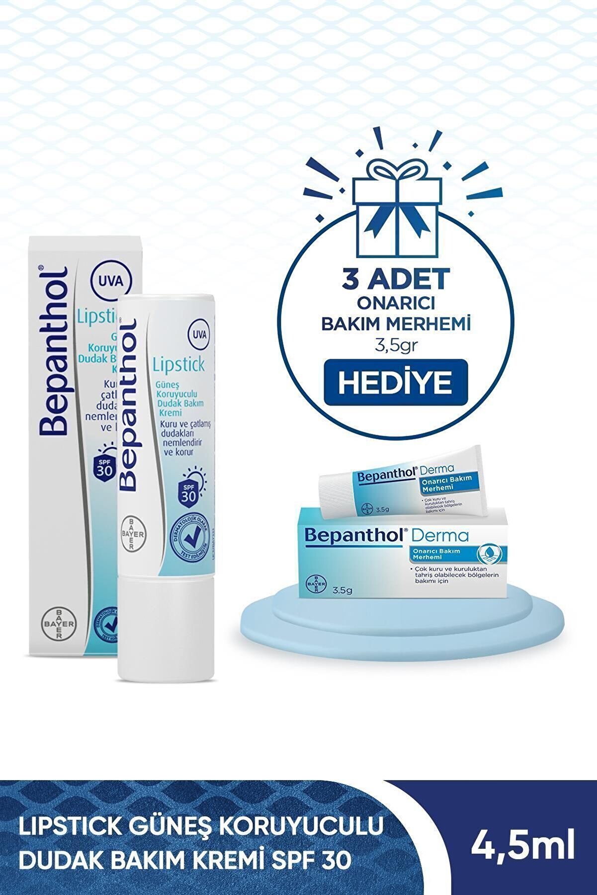 Bepanthol Lipstick SPF 30 Güneş Koruyuculu 4,5 gr 3 Adet Onarıcı Bakım Merhemi 3,5 gr