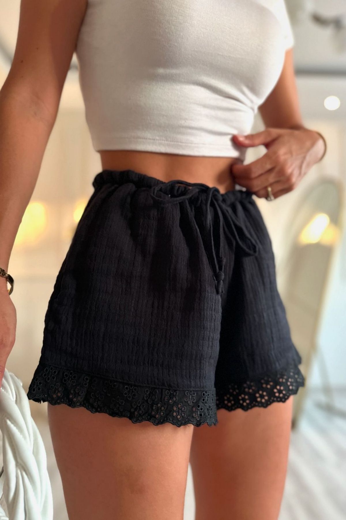 style of style Siyah keten içi astarlı şort