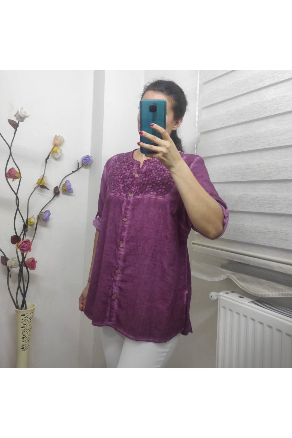 Elif kadın büyük beden % 100 pamuk keten gömlek