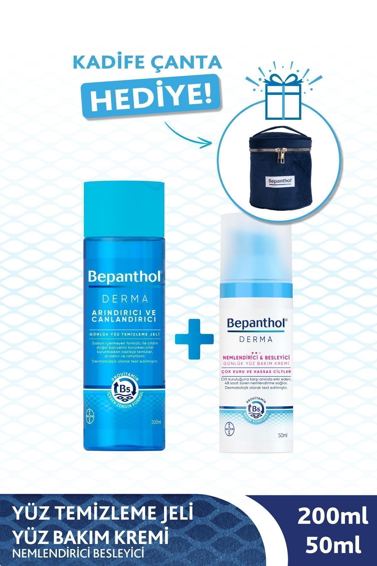 Bepanthol Derma Yüz Temizleme Jeli 200ml Nemlendirici Yüz Bakım Kremi 50ml Kadife Çanta Hediye