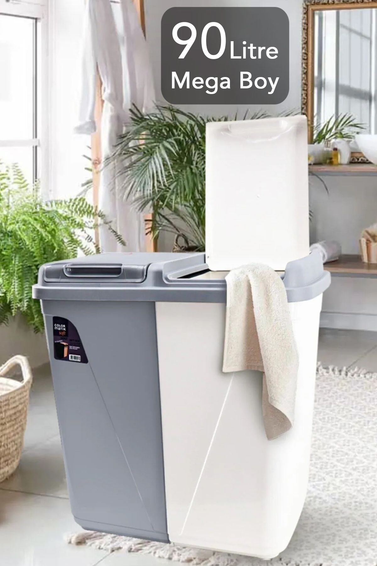 Meleni Home Mega Duo İki Bölmeli Kirli Çamaşır Sepeti - Banyo Çamaşır Sepeti Renkliler & Beyazlar 90 Lt