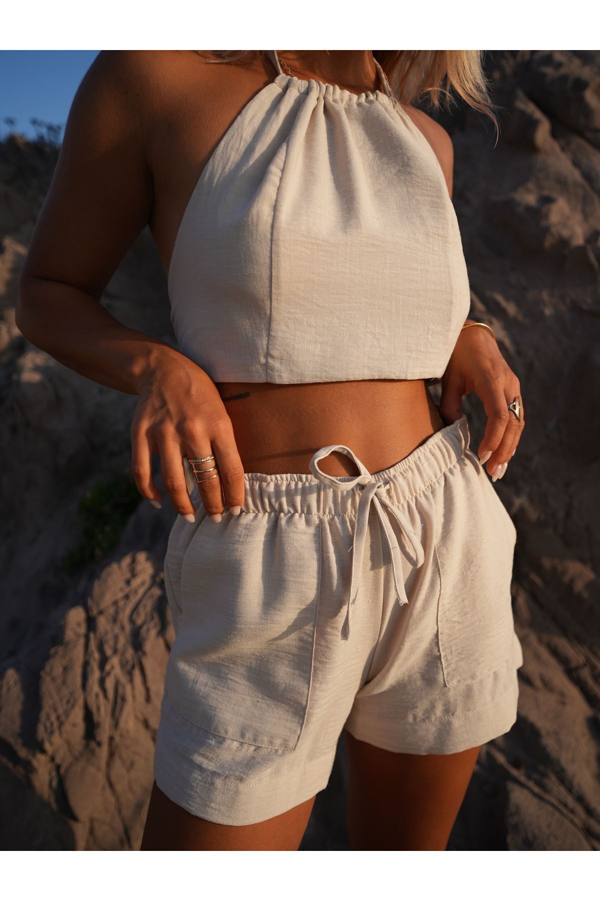 koipeople 100% Keten Bej Şort