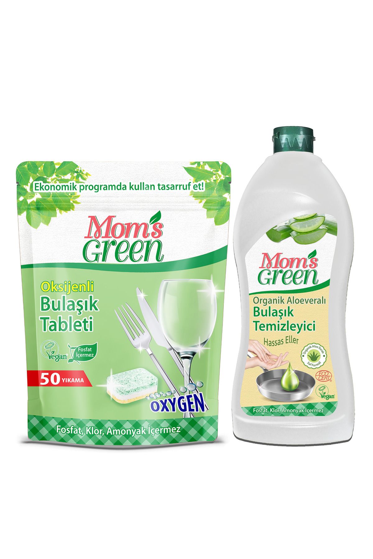 Mom's Green 2'li Set- 50'li Ekolojik Bulaşık Makinesi Tableti Ve Bitkisel Elde Bulaşık Aloevera Deterjanı 750 ml