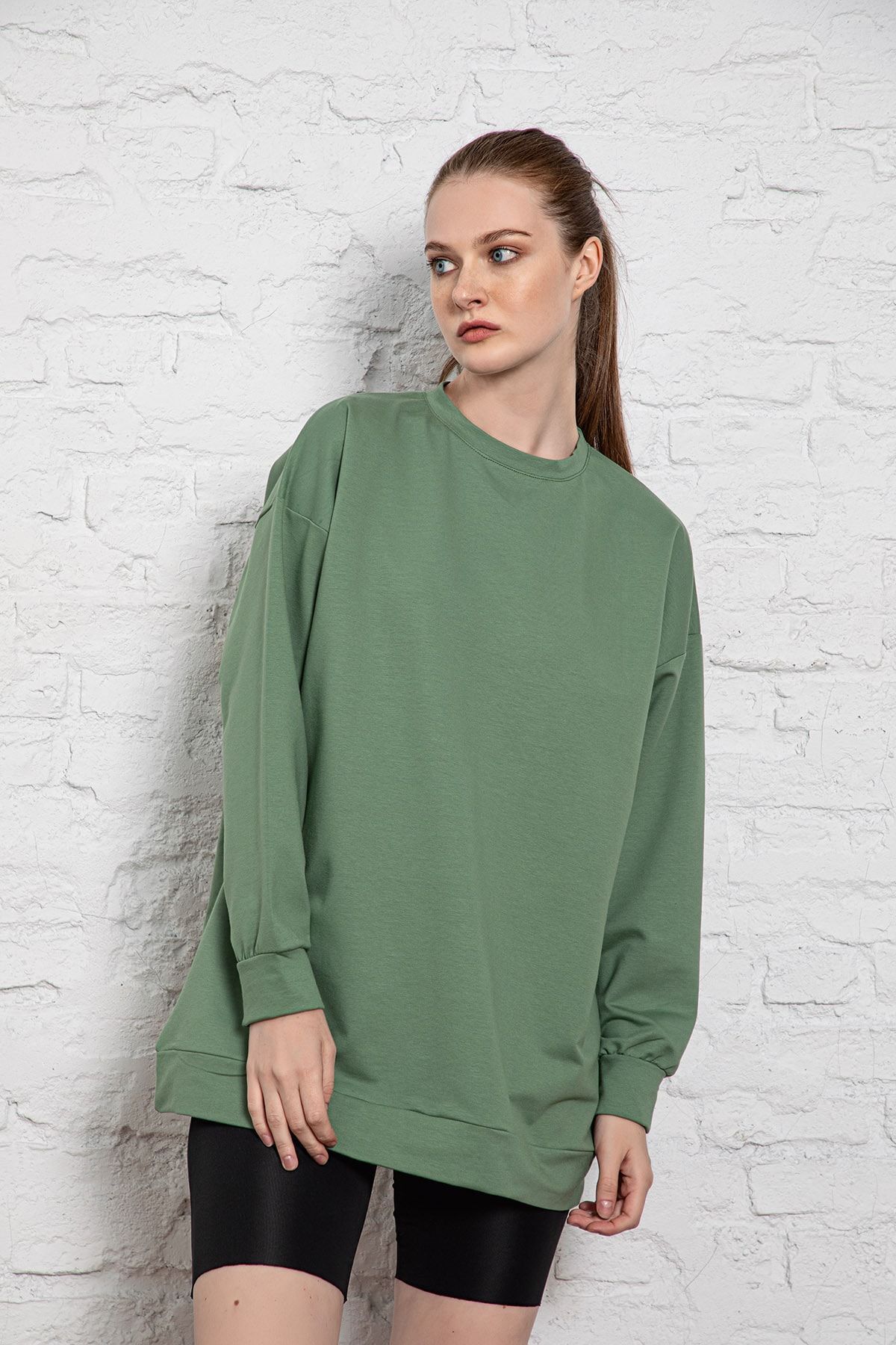 MyBen Unisex Uzun Kollu Iki Iplik Haki Oversize Sweatshirt Irf061