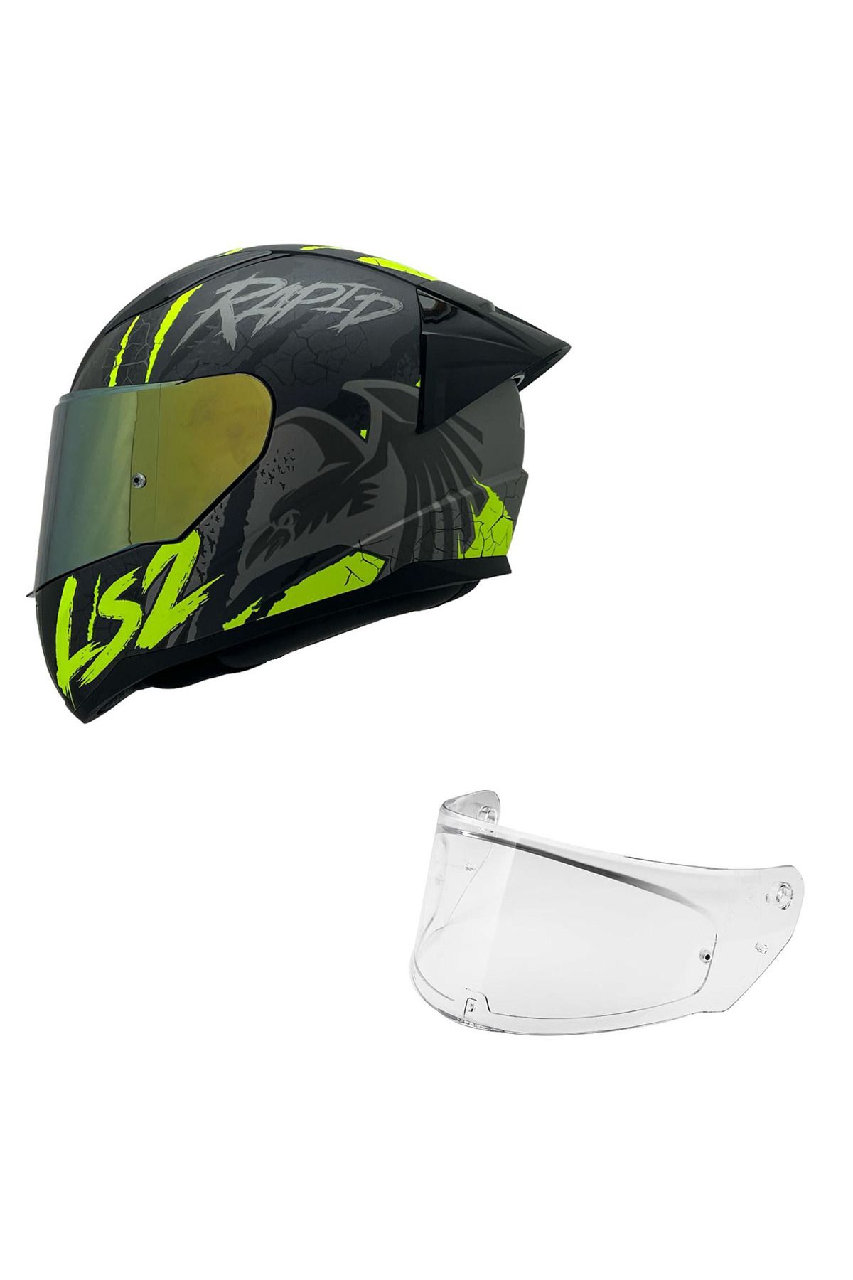 LS2 RAPID 2 RAVEN MAT SİYAH-GRİ-NEON SARI KASK SARI CAM+SPOİLER