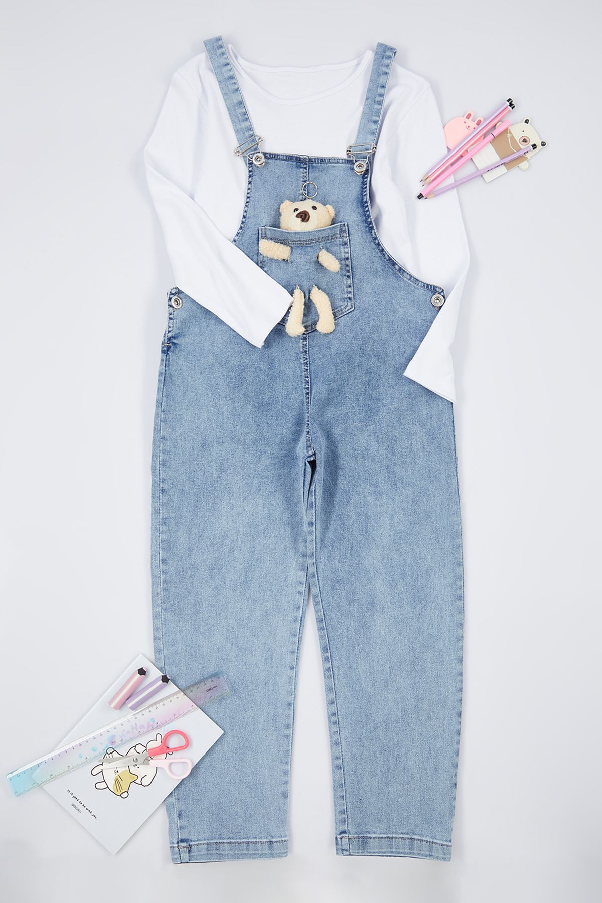 TRENDYOLKIDS Mavi 2'Lİ Kız Çocuk Ayıcıklı T-shirt Pamuklu Denim Salopet Set TKDAW25SE00001