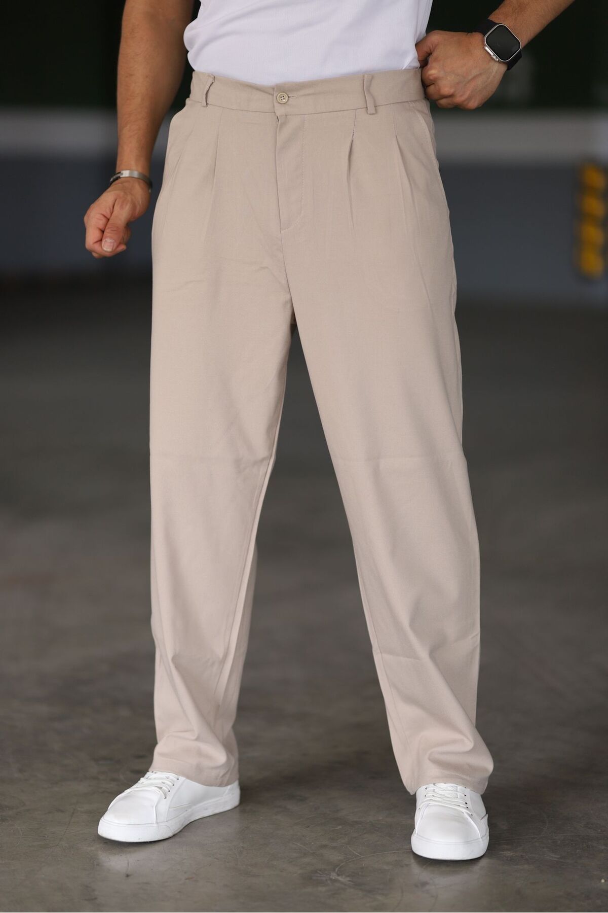 Bürke Baggy Çift Pileli KREM Renk Beli Lastikli Kaliteli Rahat Kesim Klasik Bol Paça Baggy Pantolon