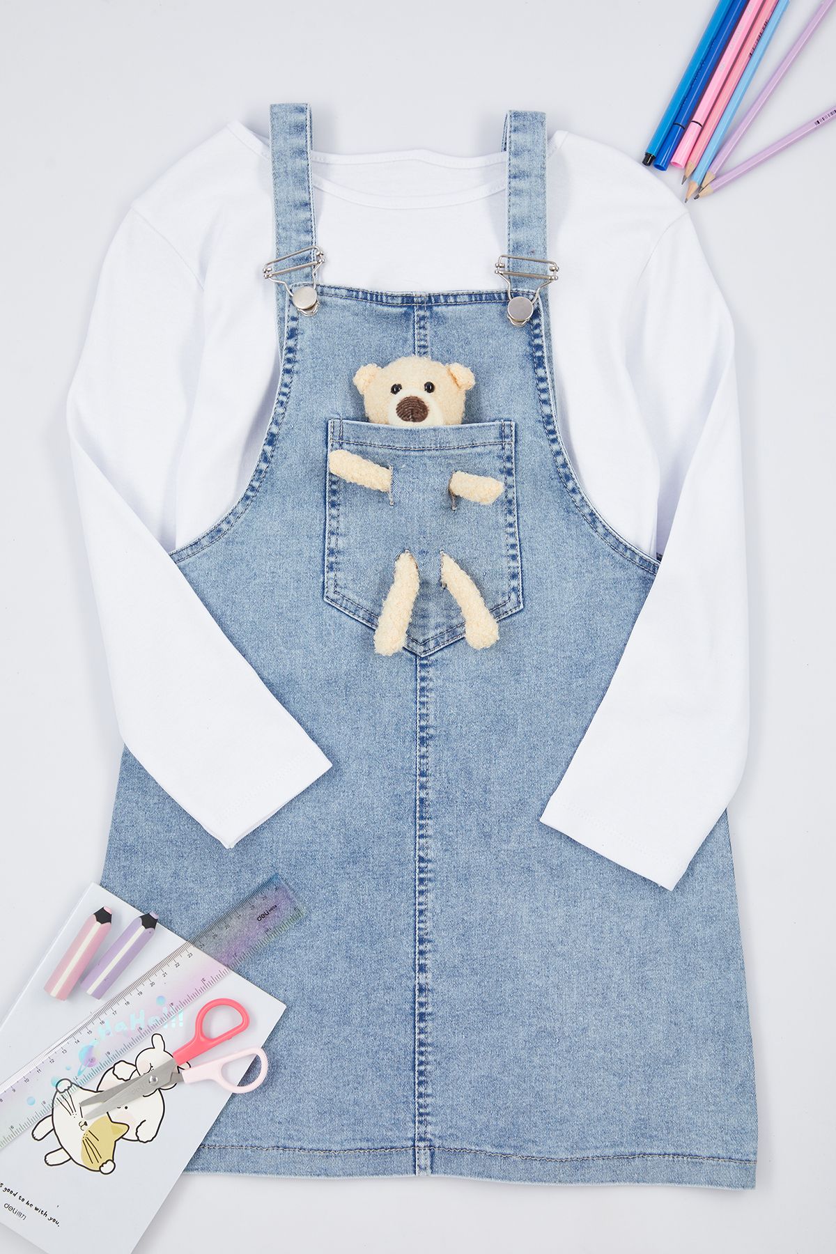 TRENDYOLKIDS Buz Mavisi 2'li Kız Çocuk T-shirt Jean Elbise Pamuklu Denim Salopet Set TKDAW25SE00002