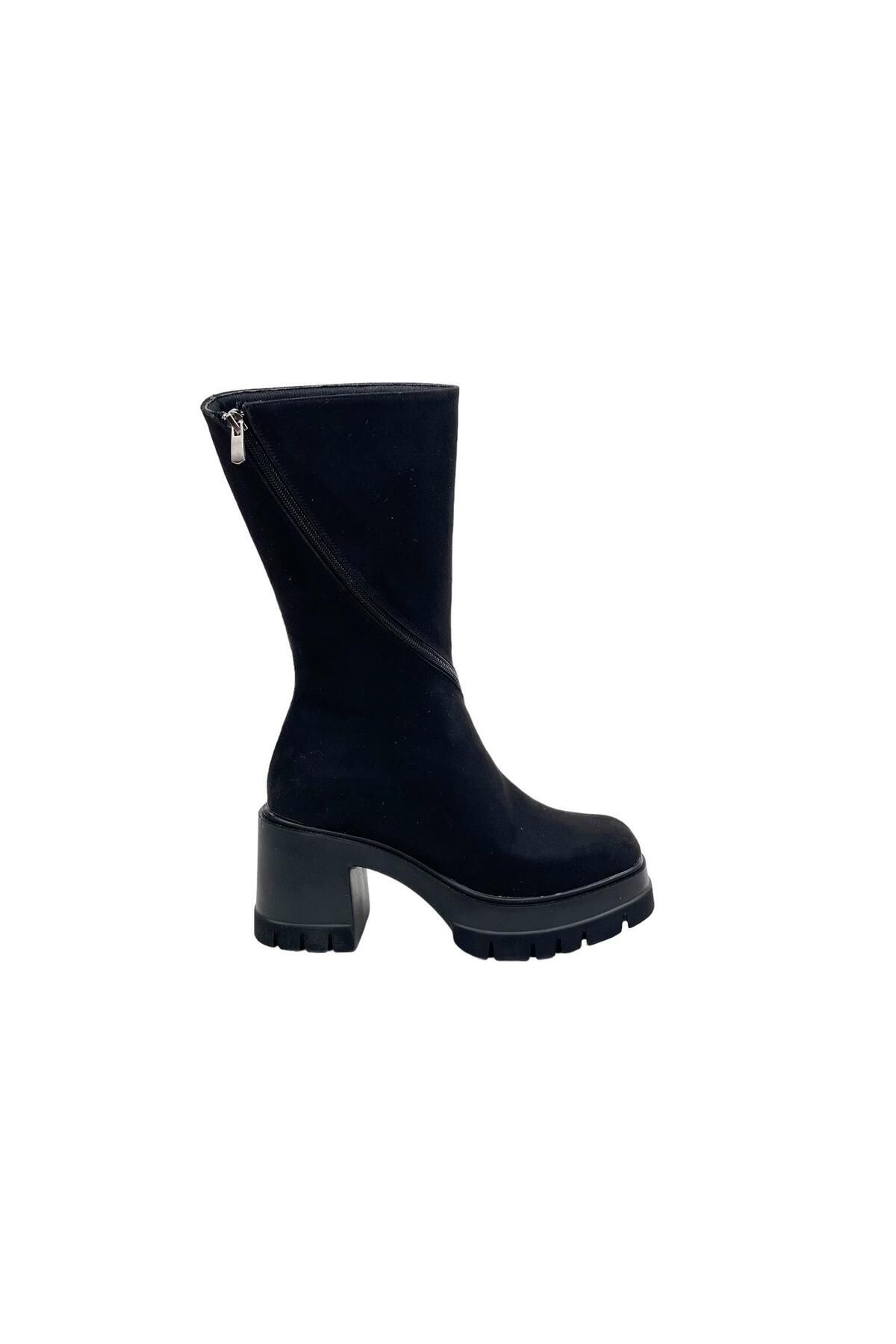 bescobel Kadın Moktey Siyah Süet Platform Yarım Bot 9 Cm