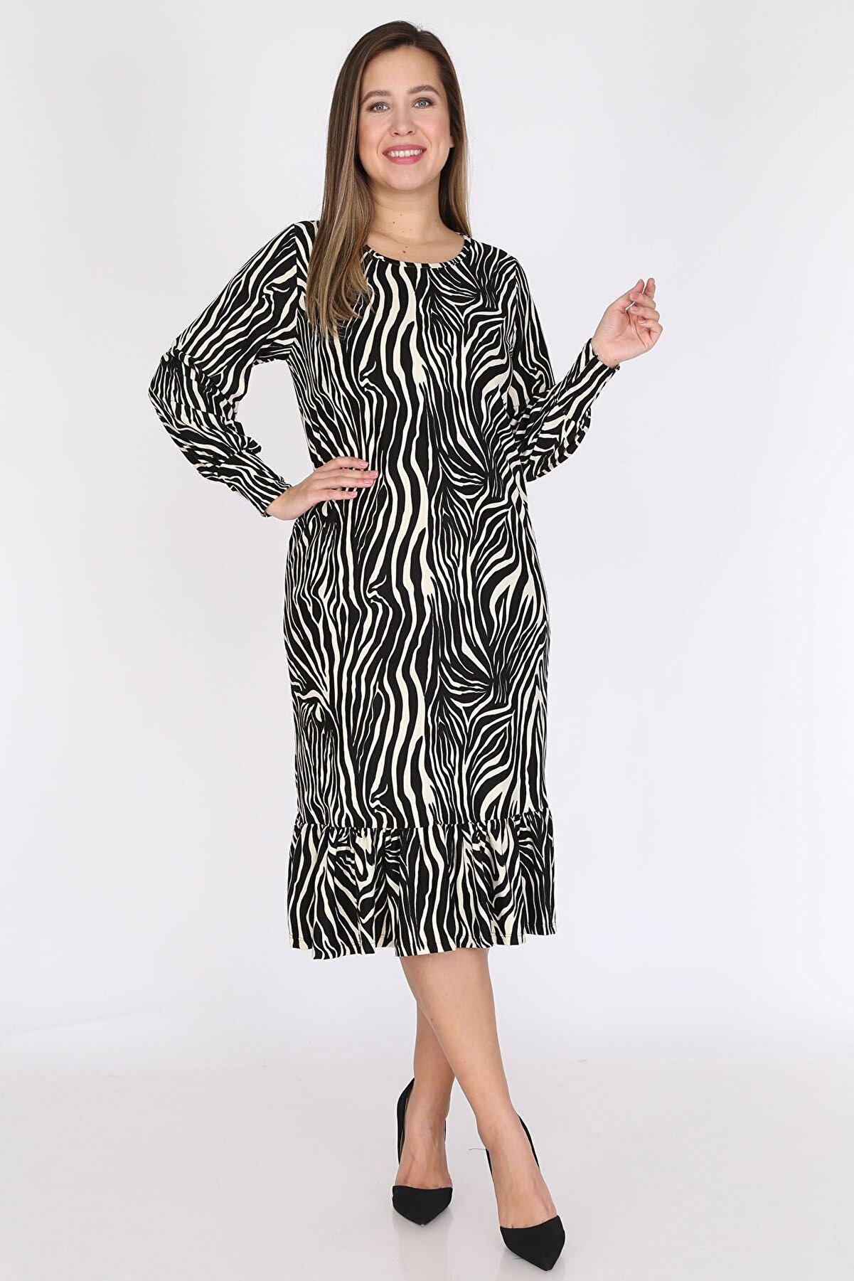 Modayız Zebra Manşet Kollu Büyük Beden Elbise 23c-0792