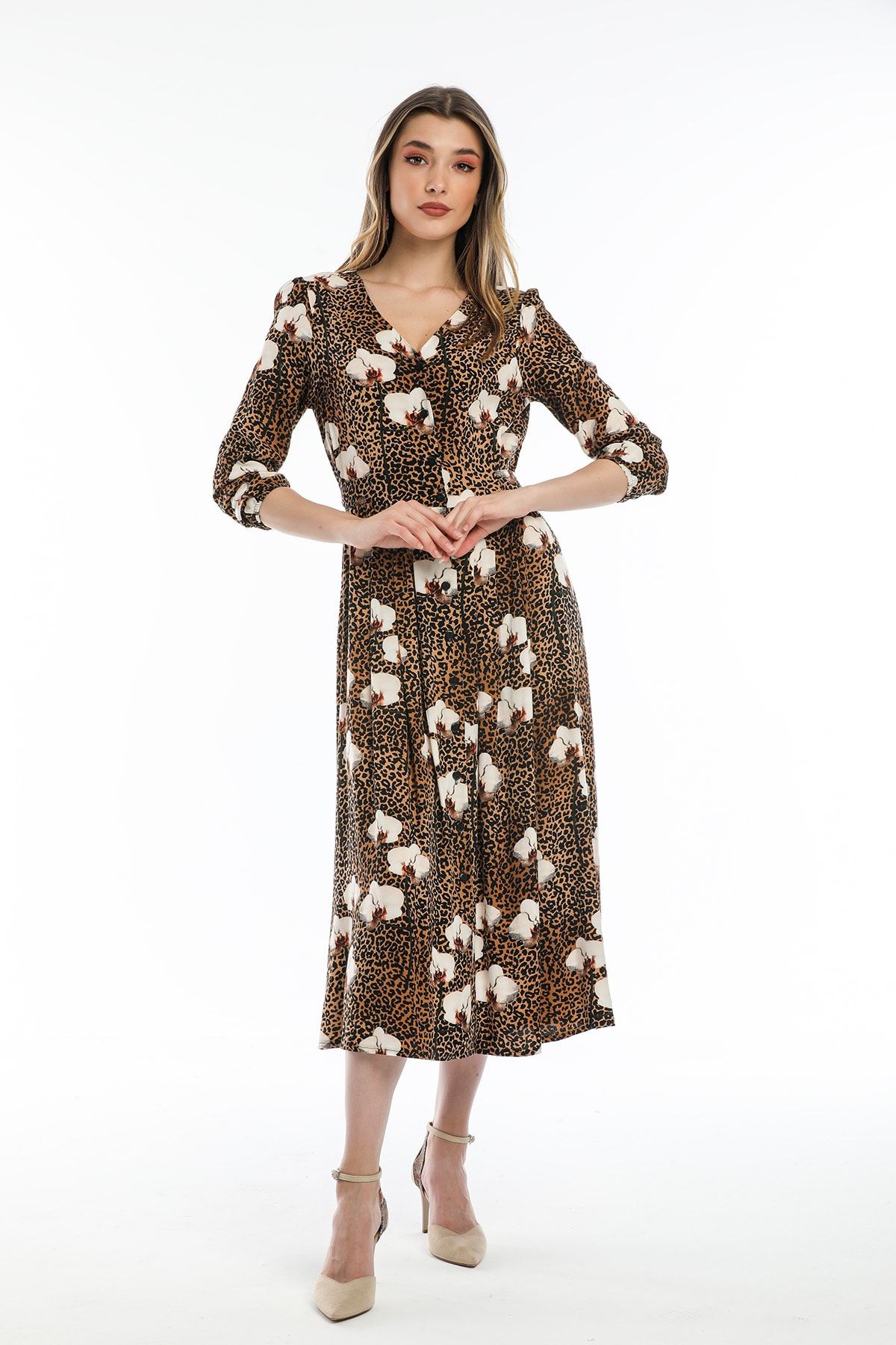 Pitti Kadın Kahverengi Çiçekli Leopar Elbise