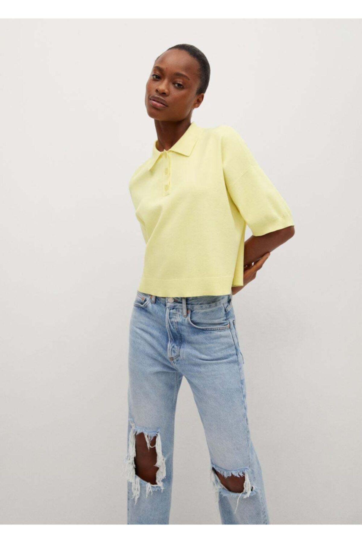 MANGO Kadın Pastel Sarı Oversize Kısa Polo Gömlek