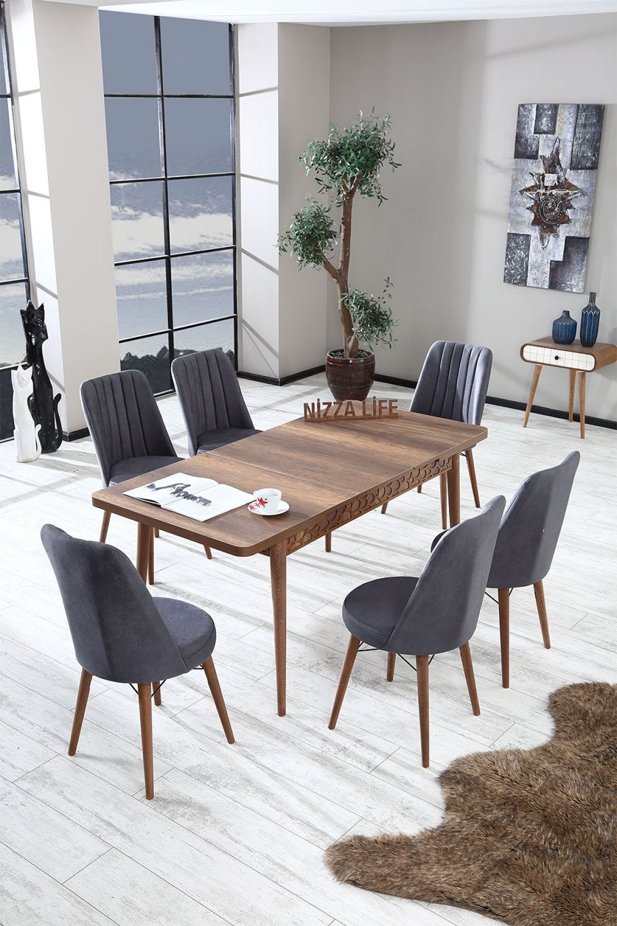 Alıcıoğlu Avm Motion Serisi Barok Ceviz Yemek Masası Mutfak Masası Açılır Masa Takımı 6 Sandalyeli - Antrasit