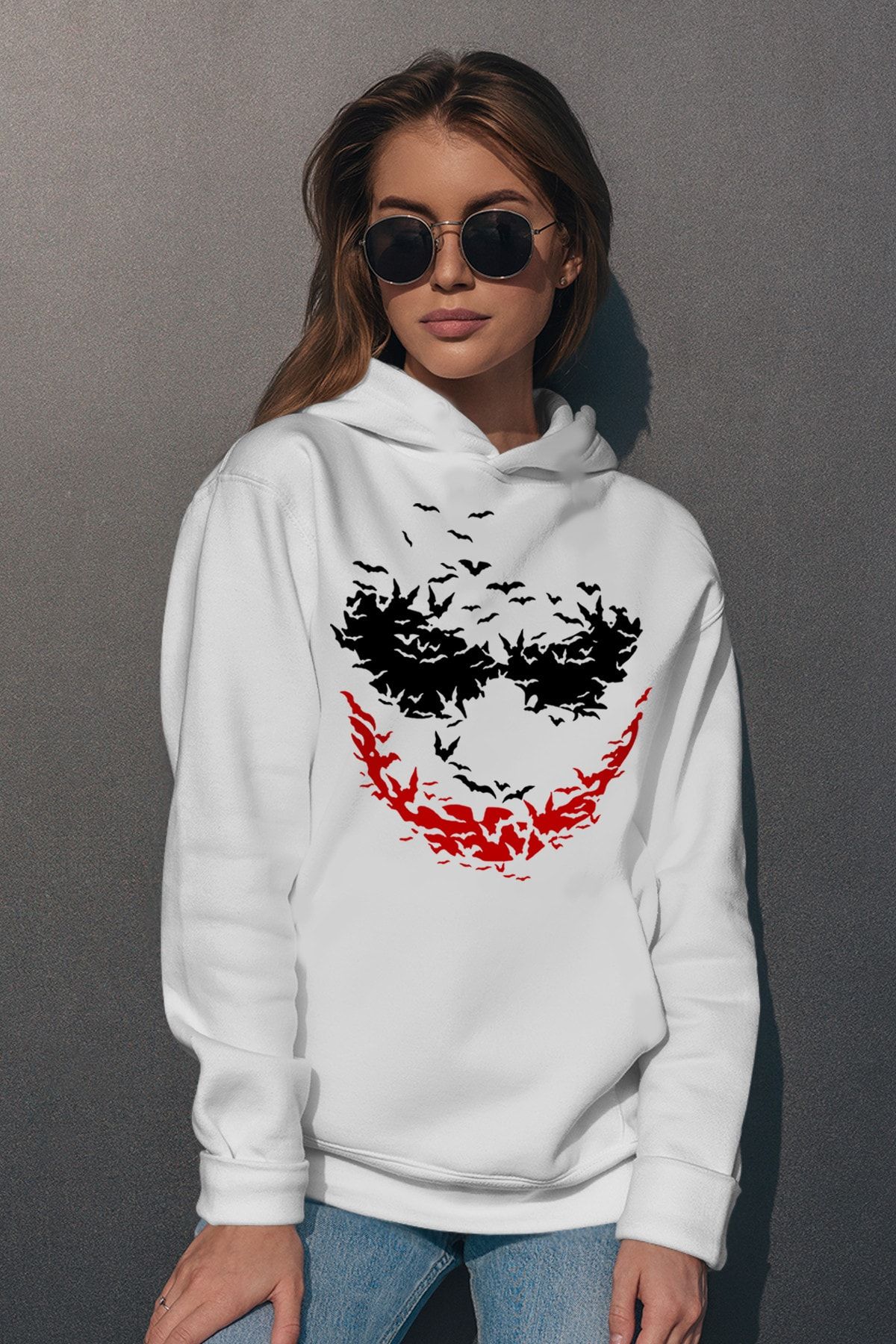 ROCKANDROLL Kadın Beyaz Yarasa Gülüşü Kapüşonlu Sweatshirt