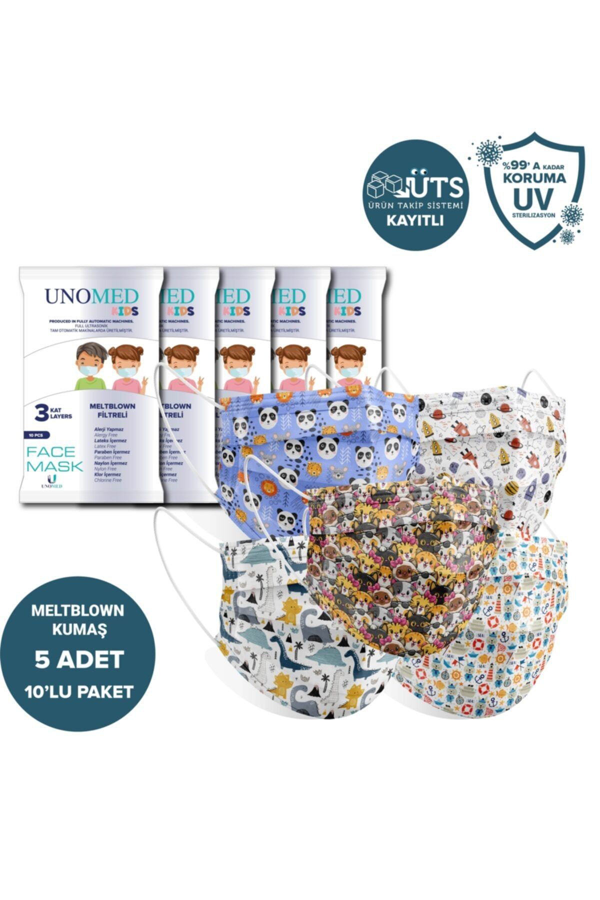 UNOMED Kid's 5 Desen 3kat Ultrasonik Meltblown Filtreli 10lu 5paket (50li) Çocuk Cerrahi Maske