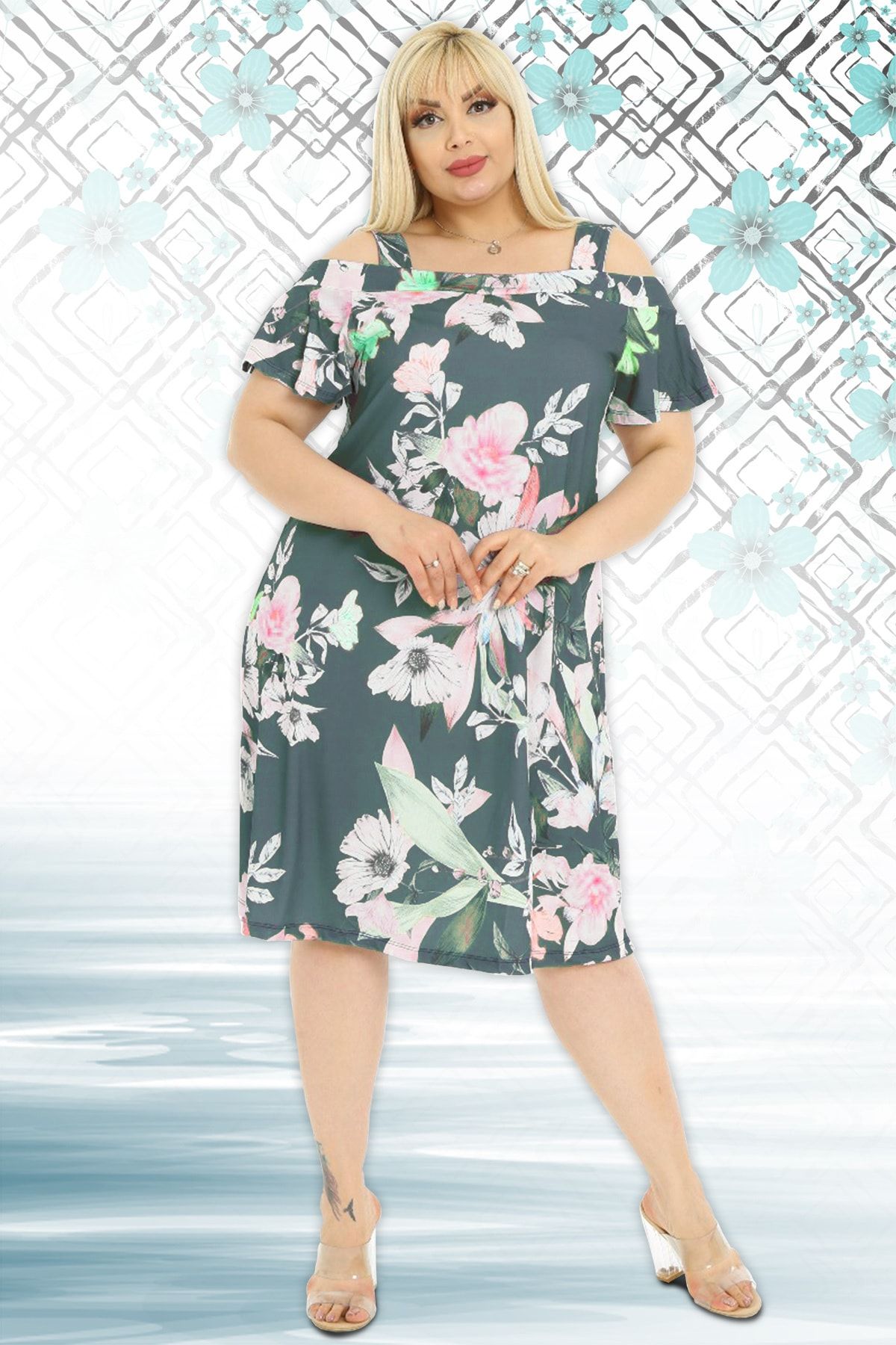 Almira Yaprak Ve Çiçek Desenli Askılı Sandy Elbise
