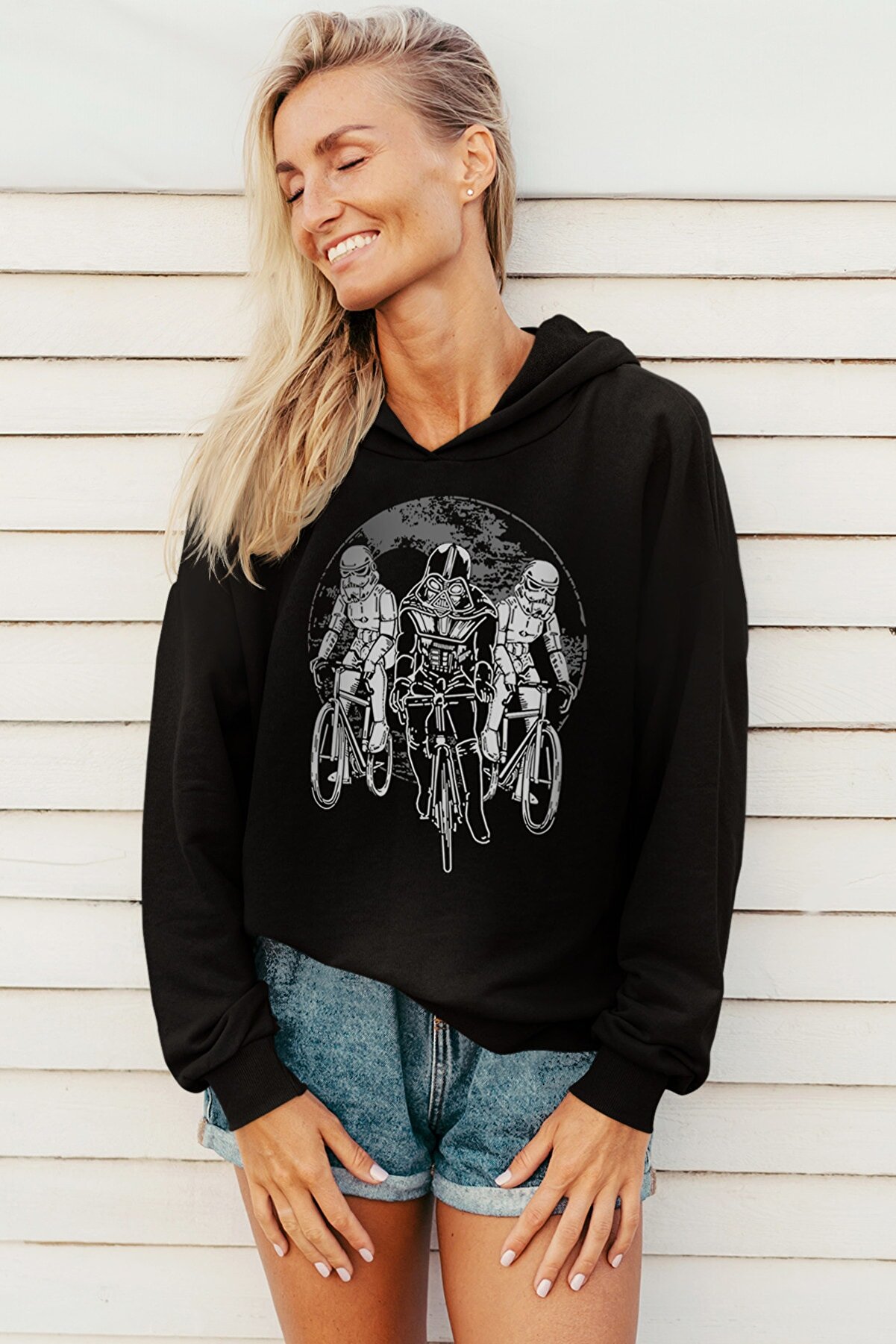 ROCKANDROLL Kadın Siyah Yıldız Bisikletcileri Kapüşonlu Sweatshirt