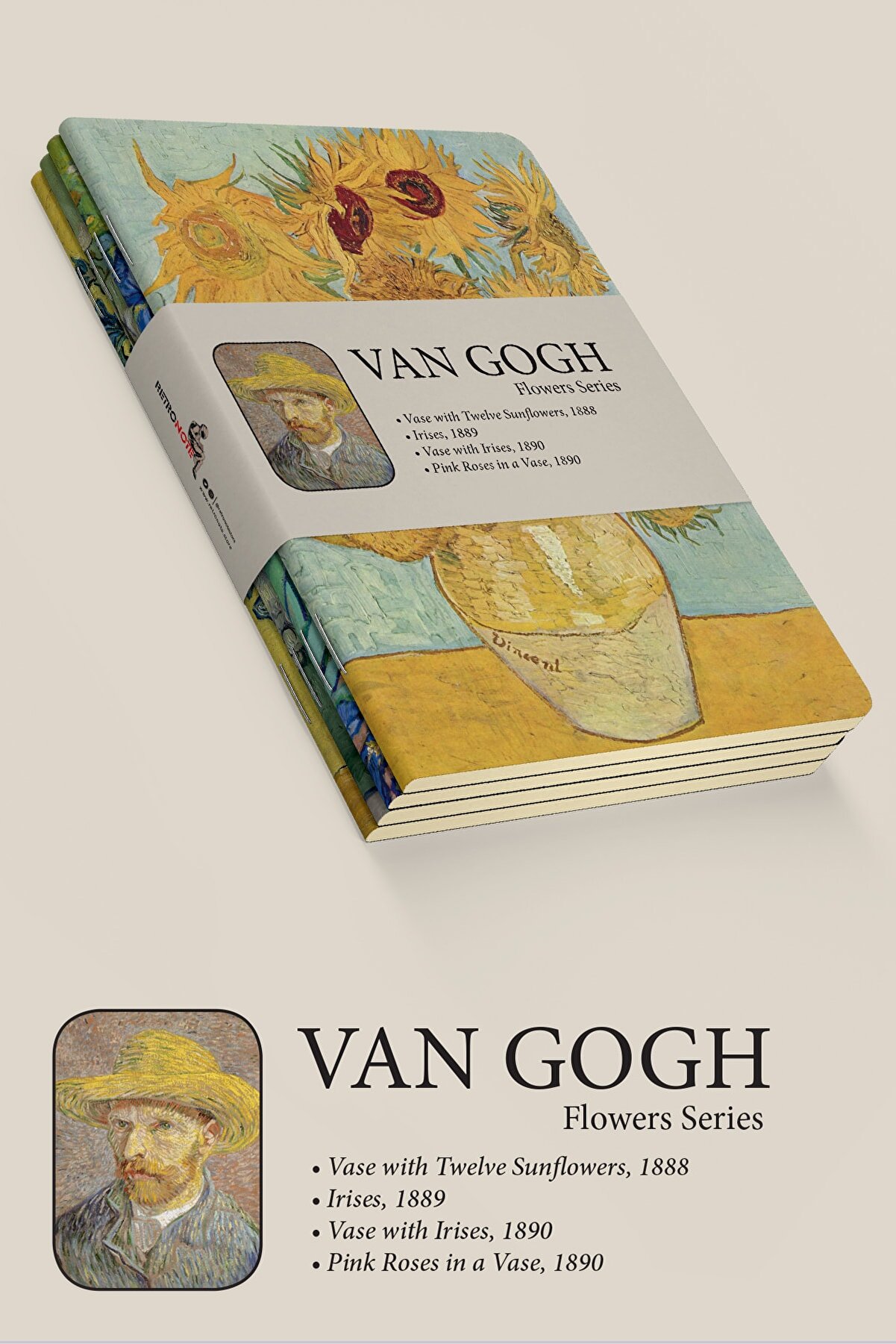 retronote Van Gogh 4'lü Defter Seti 3 - Flowers Series - Çizgisiz - 64 Sayfa - 14x21 Cm