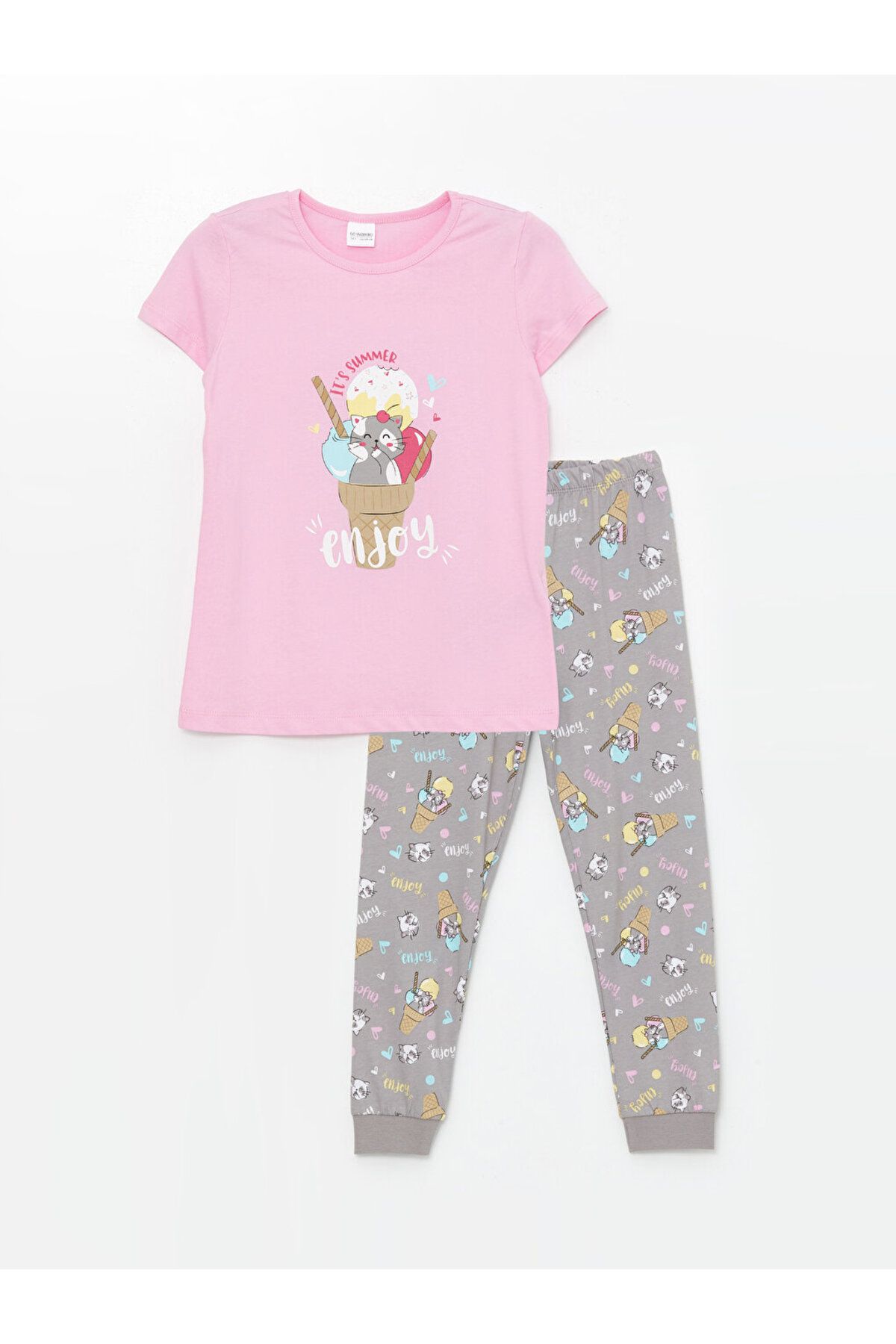 LC Waikiki Bisiklet Yaka Baskılı Kısa Kollu Kız Çocuk Pijama Takımı
