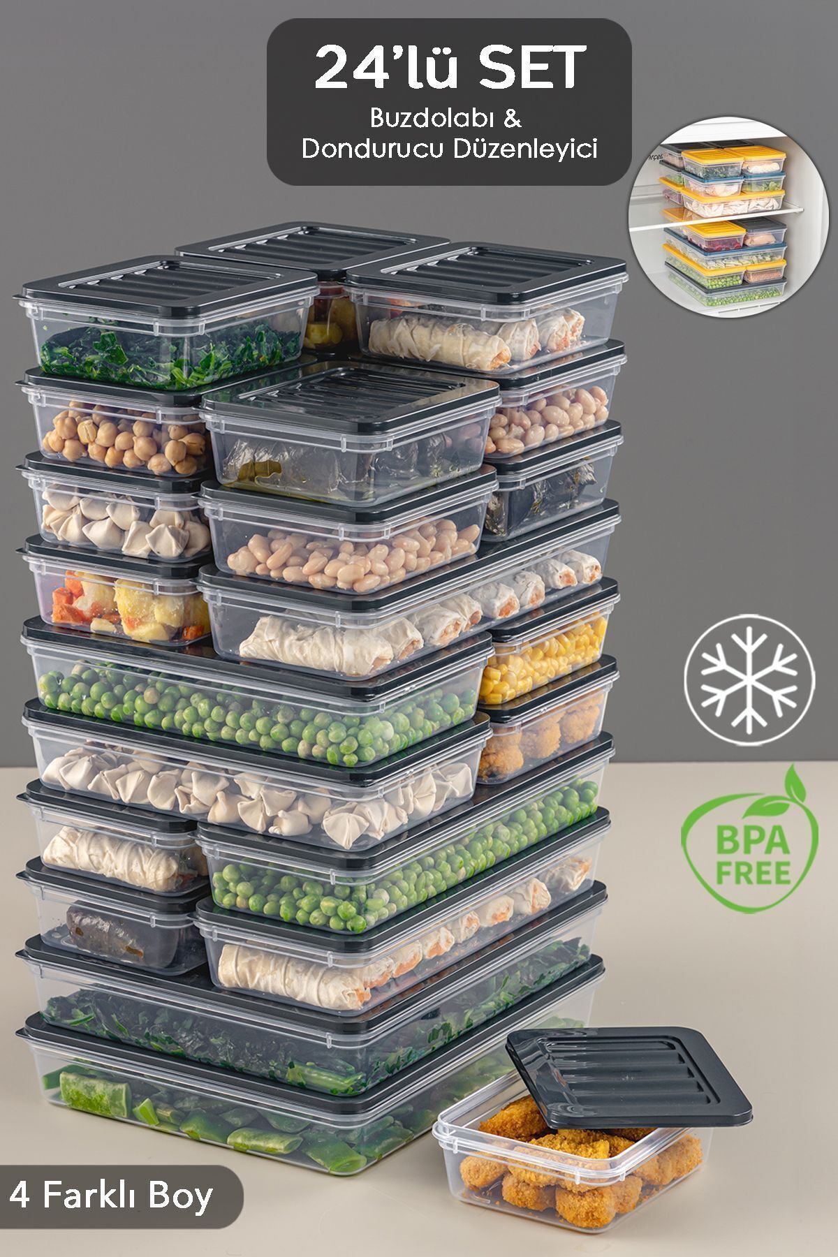 Meleni Home Mikrodalga ve Difriz Uyumlu 24 Parça Saklama Kabı Seti,2x2400Ml 4x1200Ml 6x1170Ml 12x600Ml, Antrasit