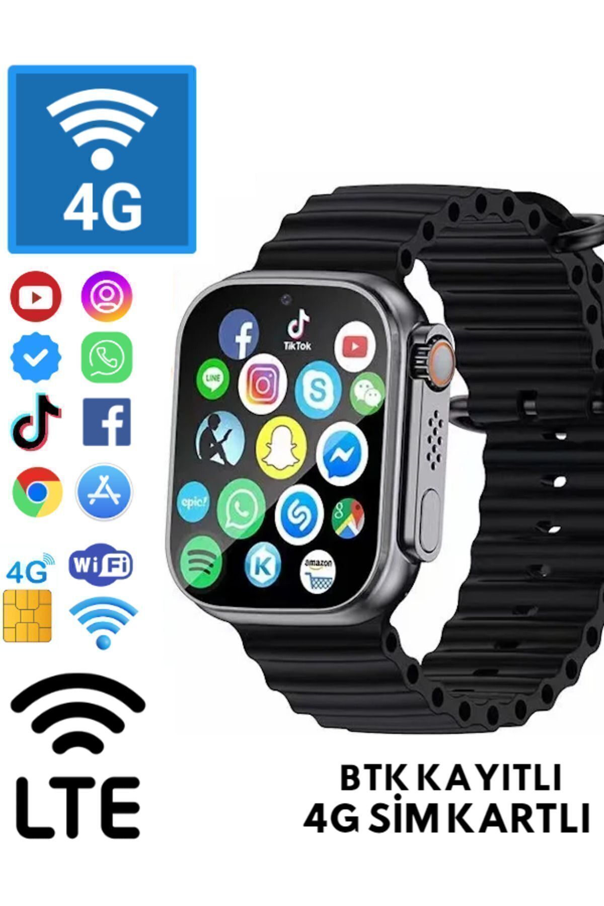 SONREİR Watch 8 Ultra 4g Sim Kartlı Siyah Android Akıllı Saat Gps,wifi,youtube Çocuk Iphone Huawei Uyumlu 9