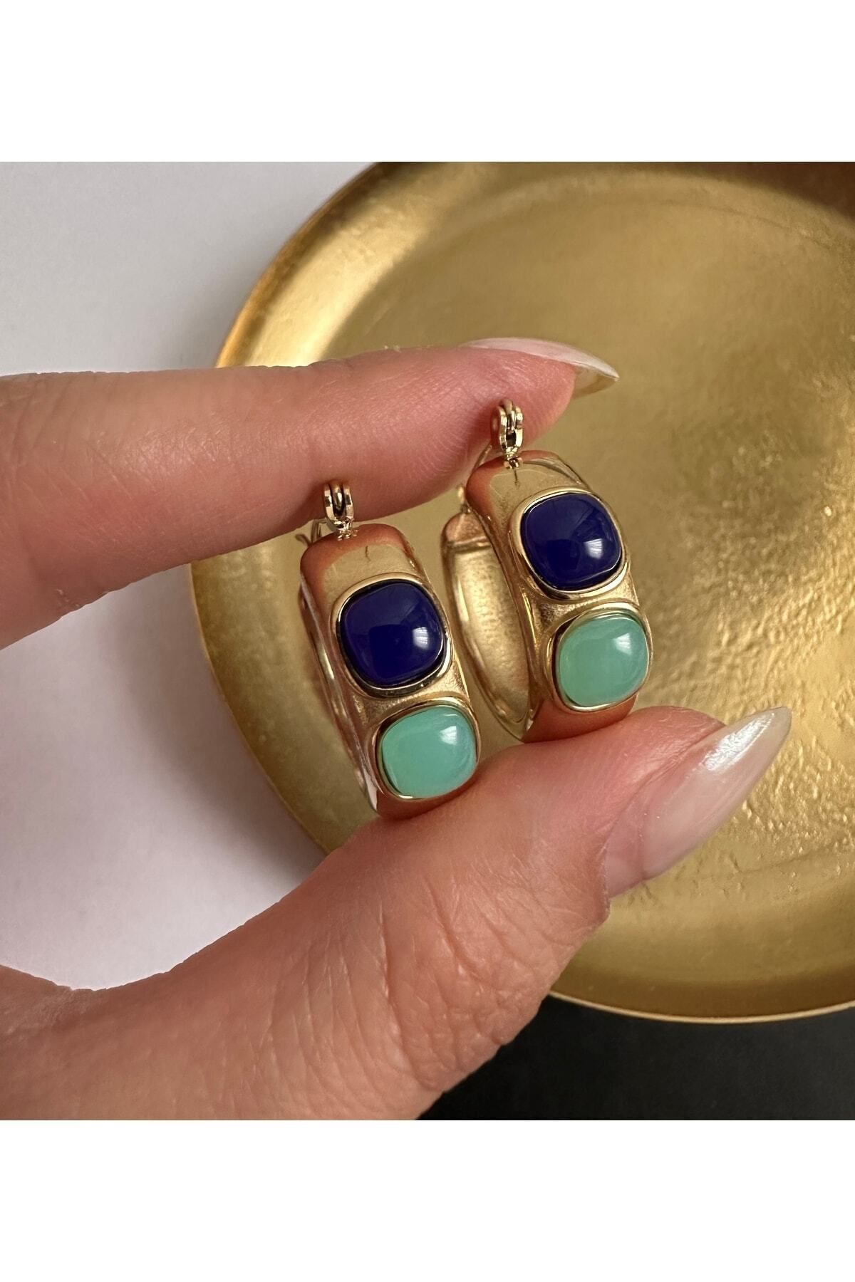 ringbox Gold Turkuaz Renkli Taşlı Çelik Halka Küpe