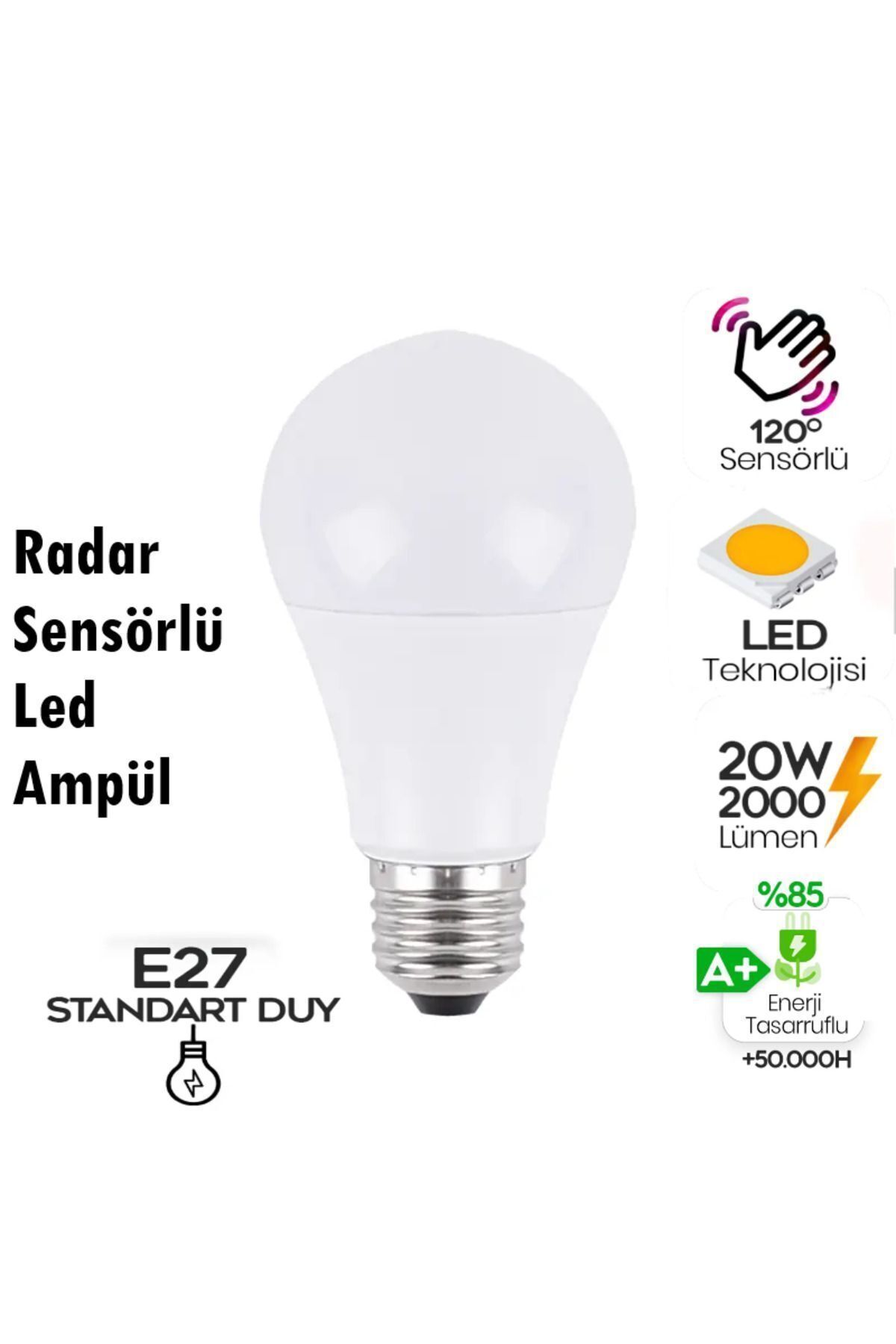teknorhman Sensörlü Led Ampül Hareket Algılayıcılı E27 Duy 10w 2000 Lümen Hareket Sensörlü Led Lamba Işık