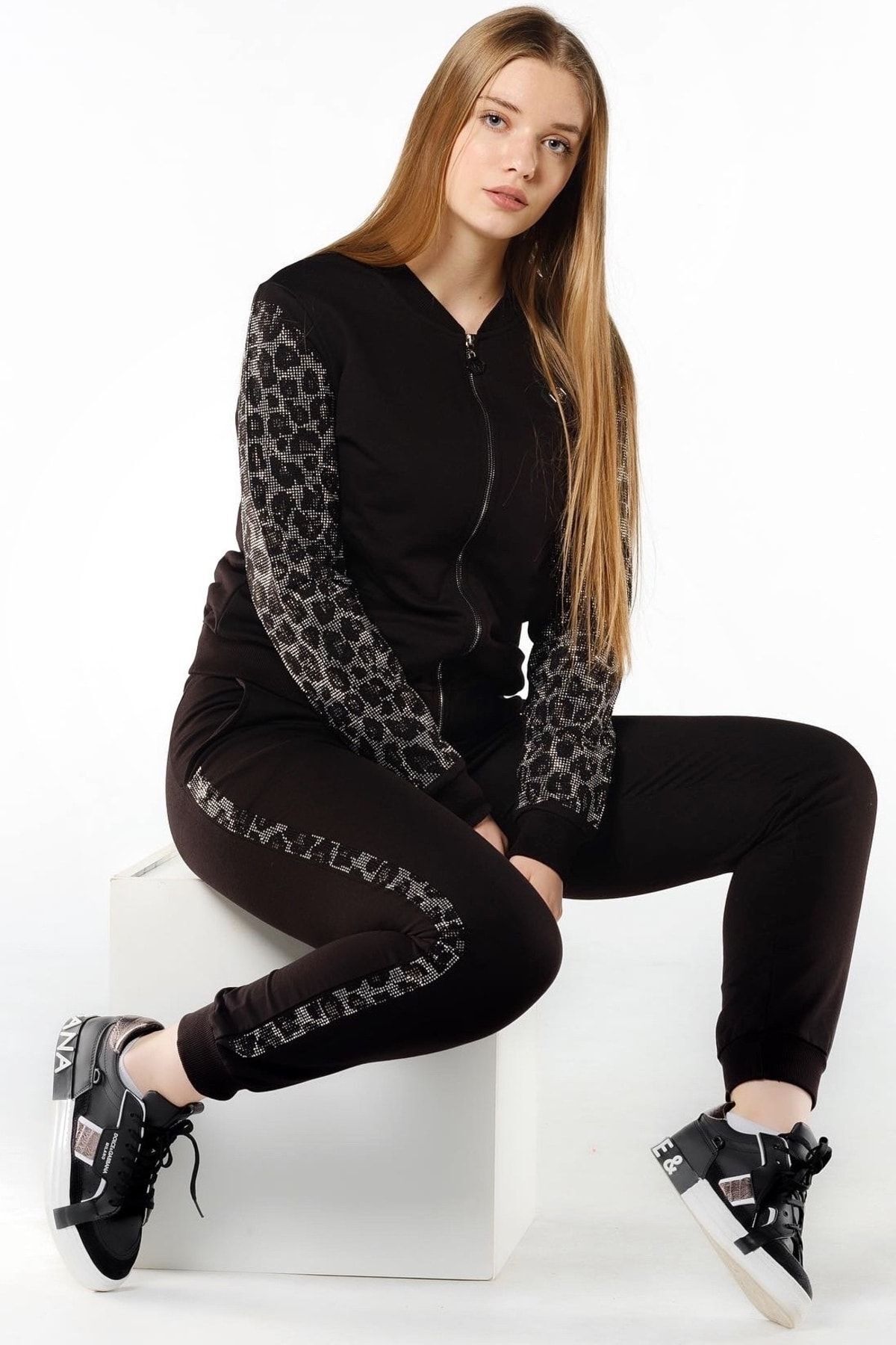 RICH GLAM Leopar Crystal Taşlı Büyük Beden Iki Iplik Pamuk Şık Rahat Fermuarlı Siyah Kadın Eşofman Takımı