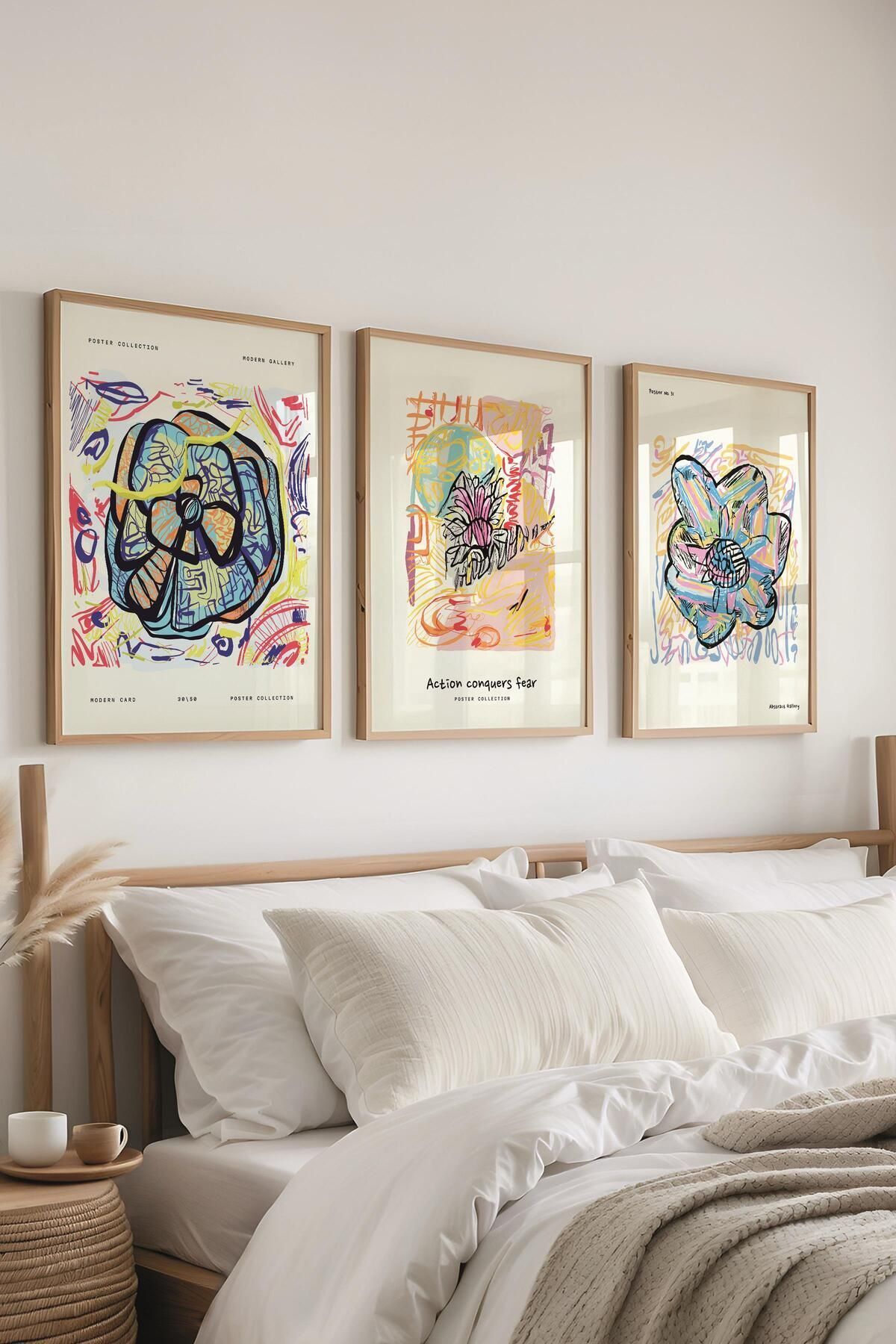 postifull Renkli Minimalist Tablo Seti, 3 Adet Ahşap Çerçeve ve Poster - Yatak Odası, Salon, Mutfak Dekoru