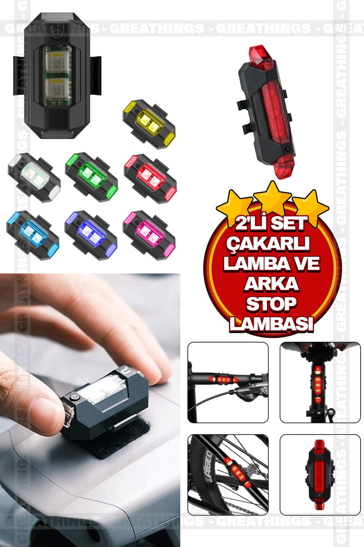 Greathings 2li Set 1 Adet 7 Renk 30 Mod Bisiklet Çakar Lamba ve 1 Adet Arka Stop Uyarı İkaz Işığı Çakar Lambası