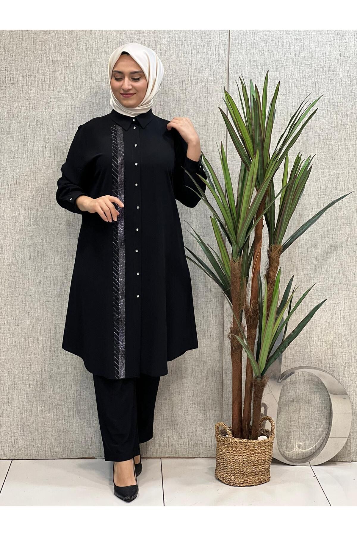 Butik büyük beden Sağ Tarafı Taş Yapıştırma Tunik